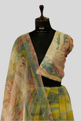 Marble printed pastel blue & pastel yellow  organza textured saree