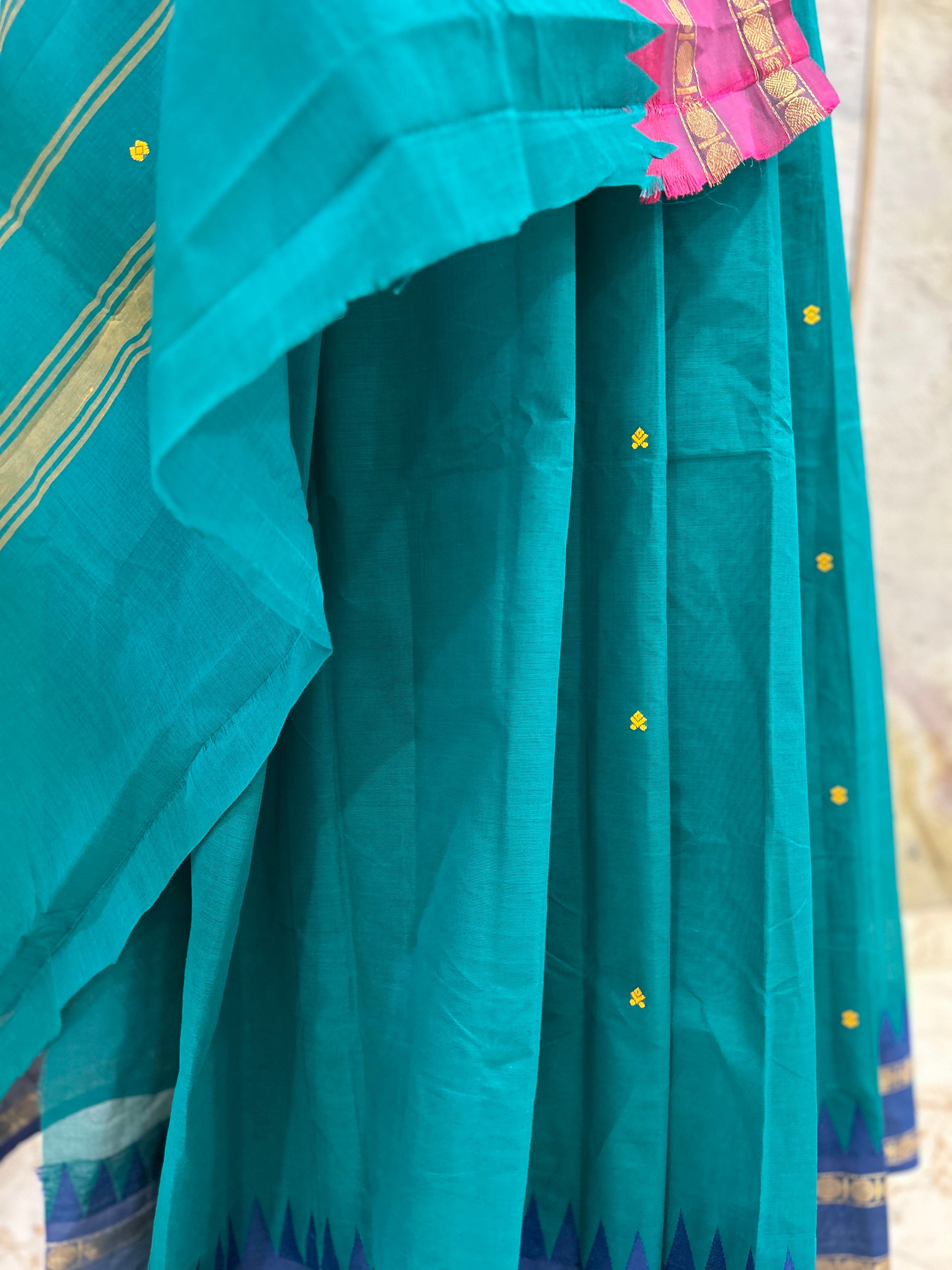 Sea Green Cotton Saree with Temple Border