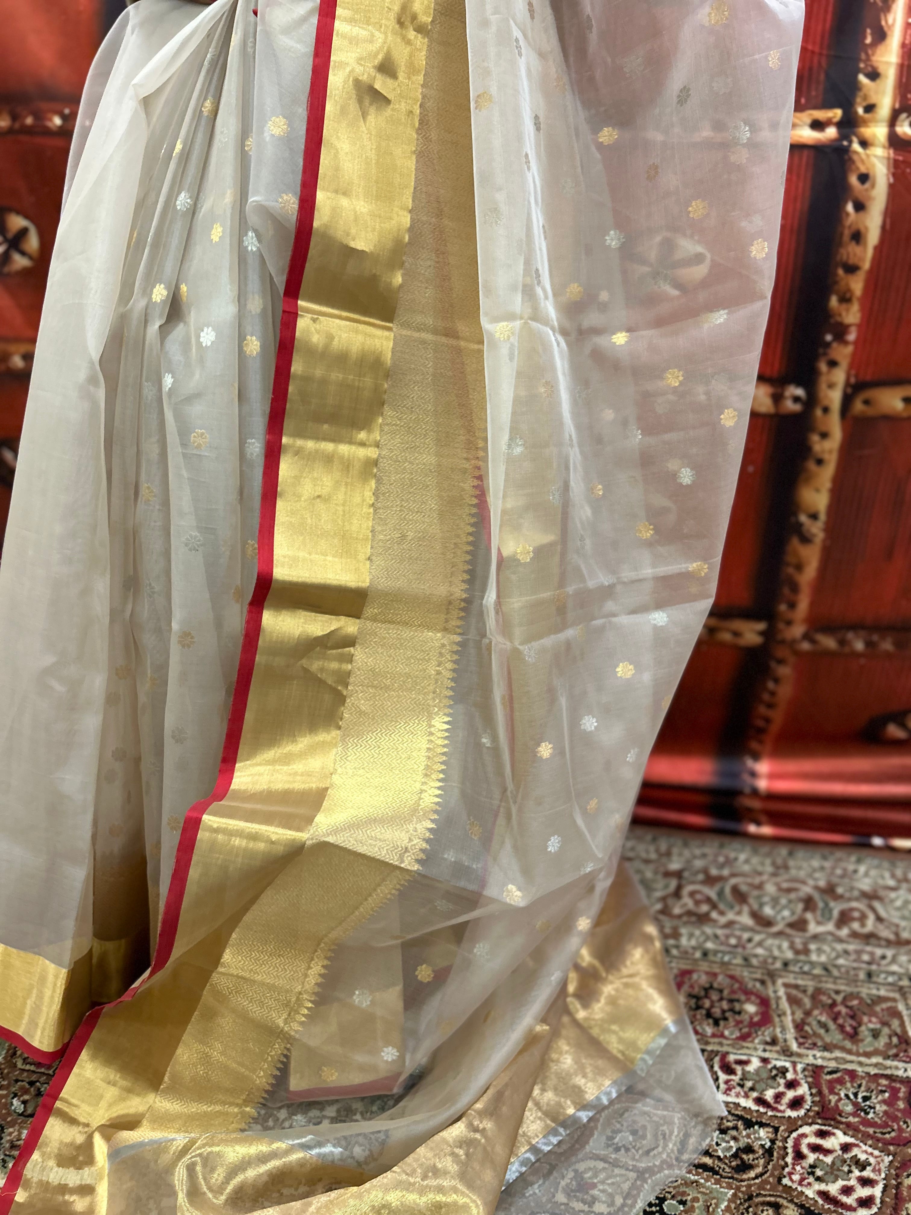 Off-White Chanderi Silk Handwoven Saree