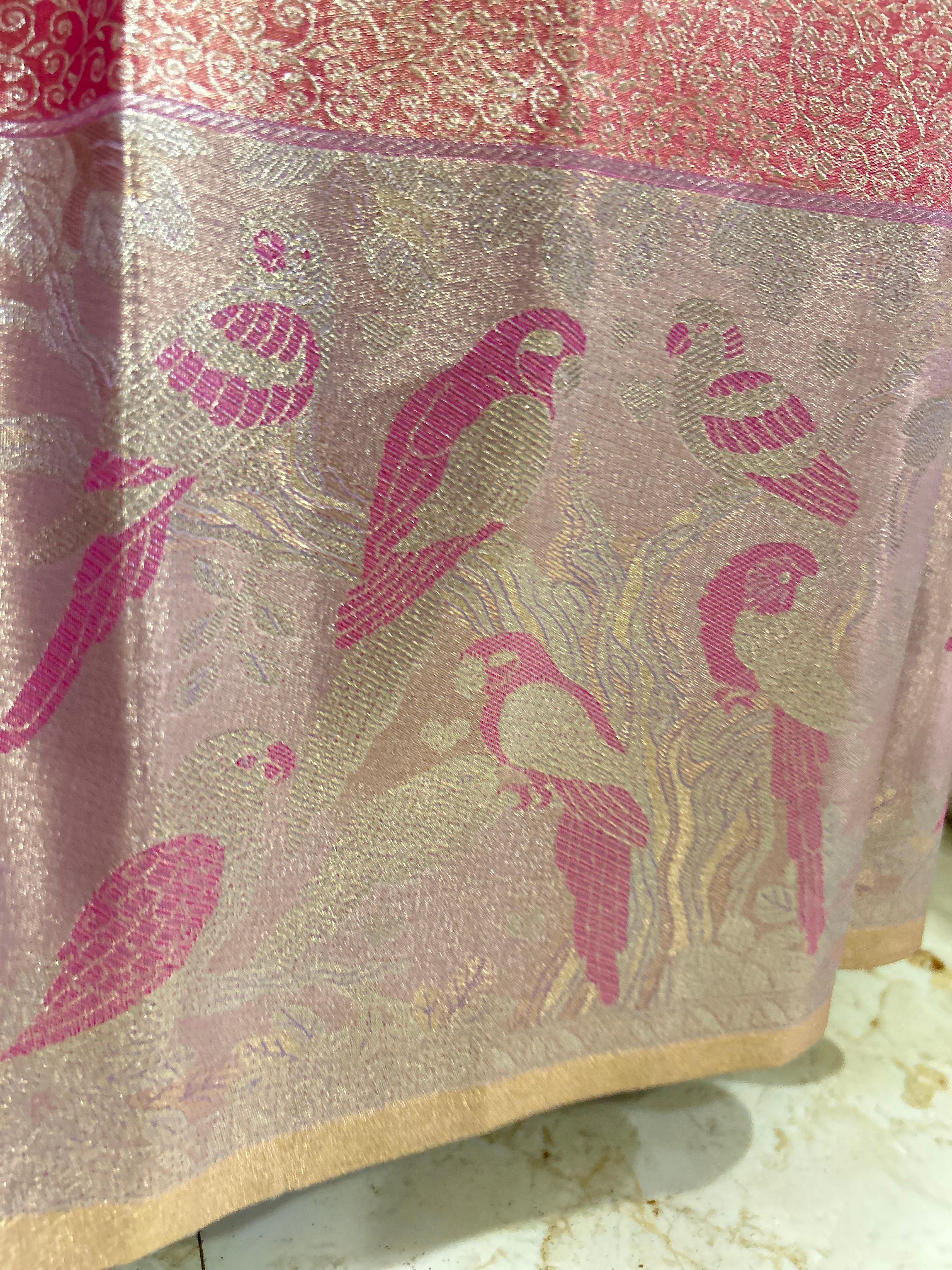 Pink Silk Saree with Birds Motifs