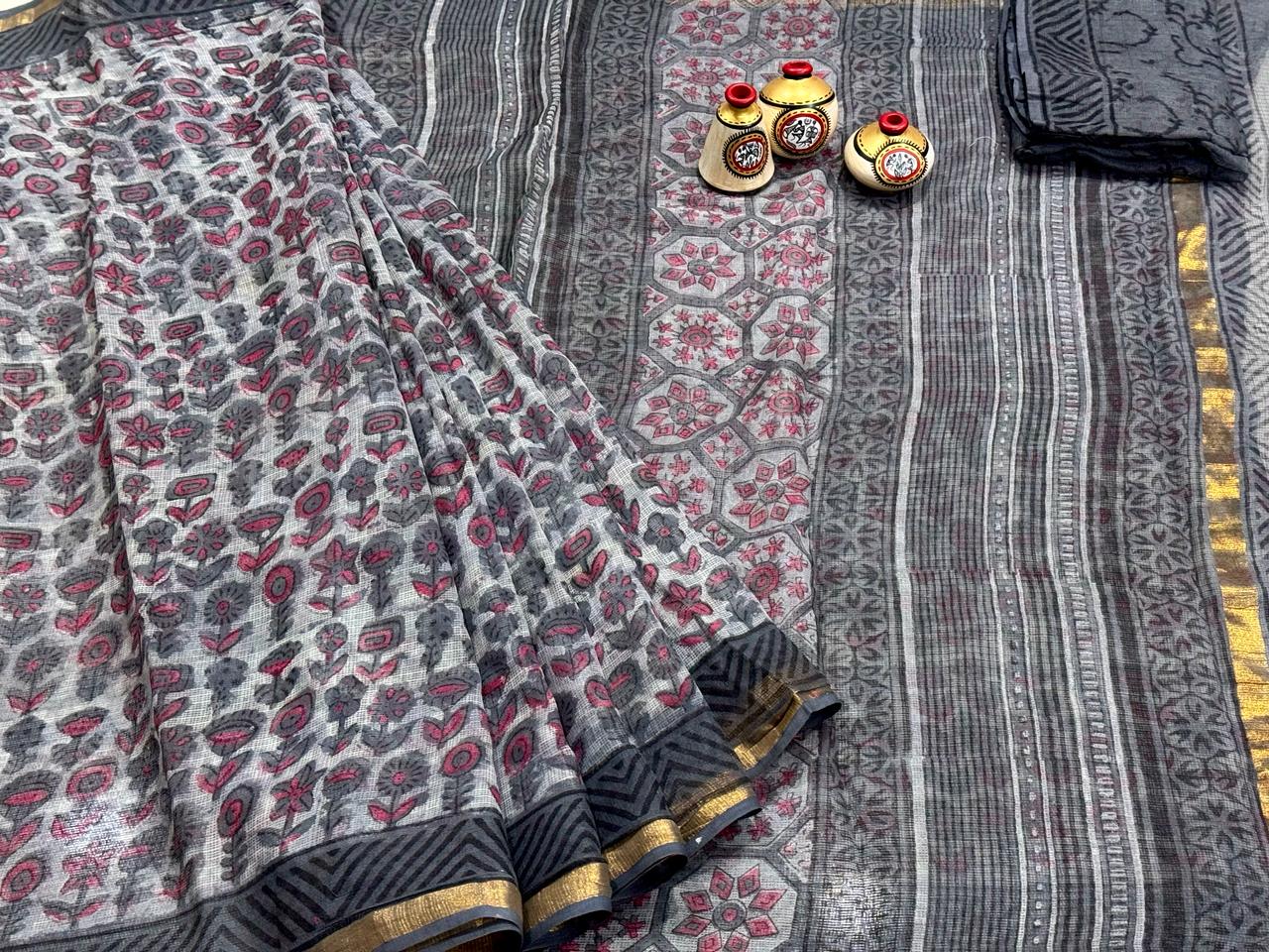 Kota Doria Block Printed Sarees