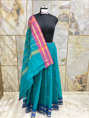 Sea Green Cotton Saree with Temple Border