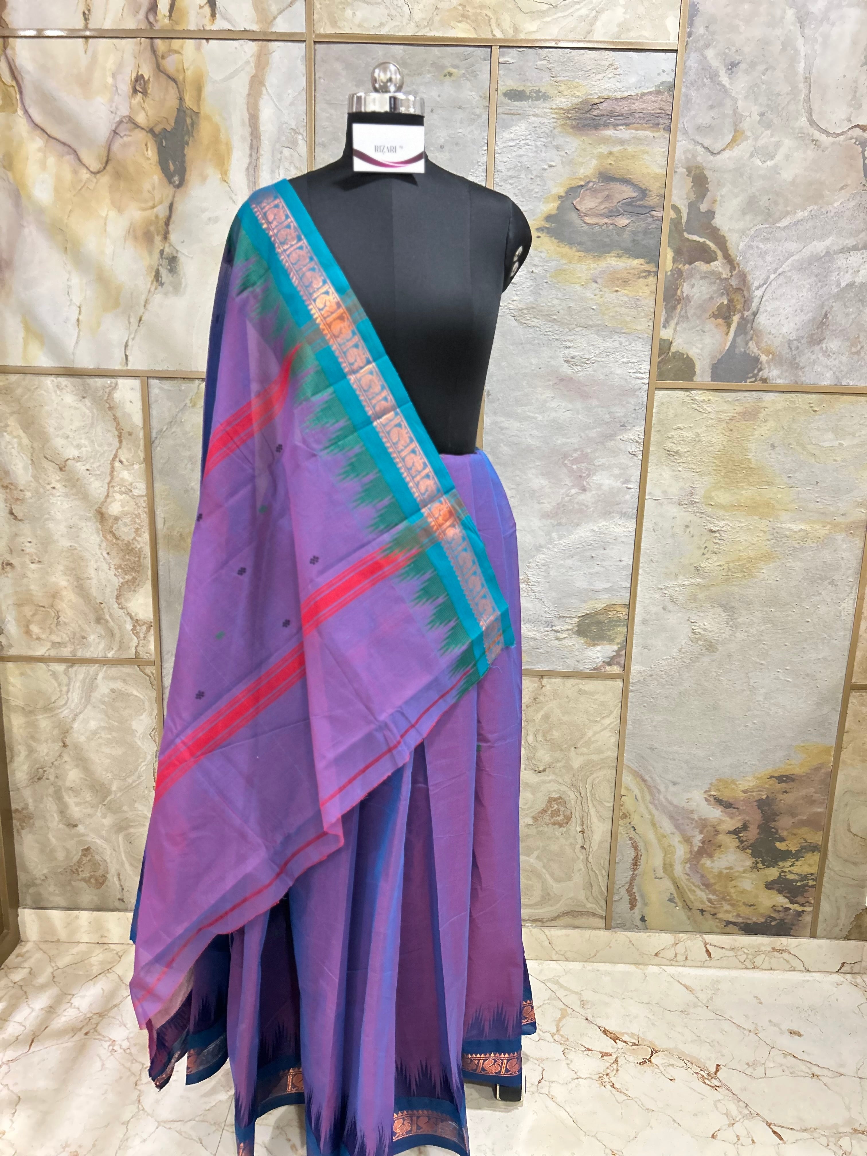 Deep Lilac Cotton Saree with Traditional Temple Border