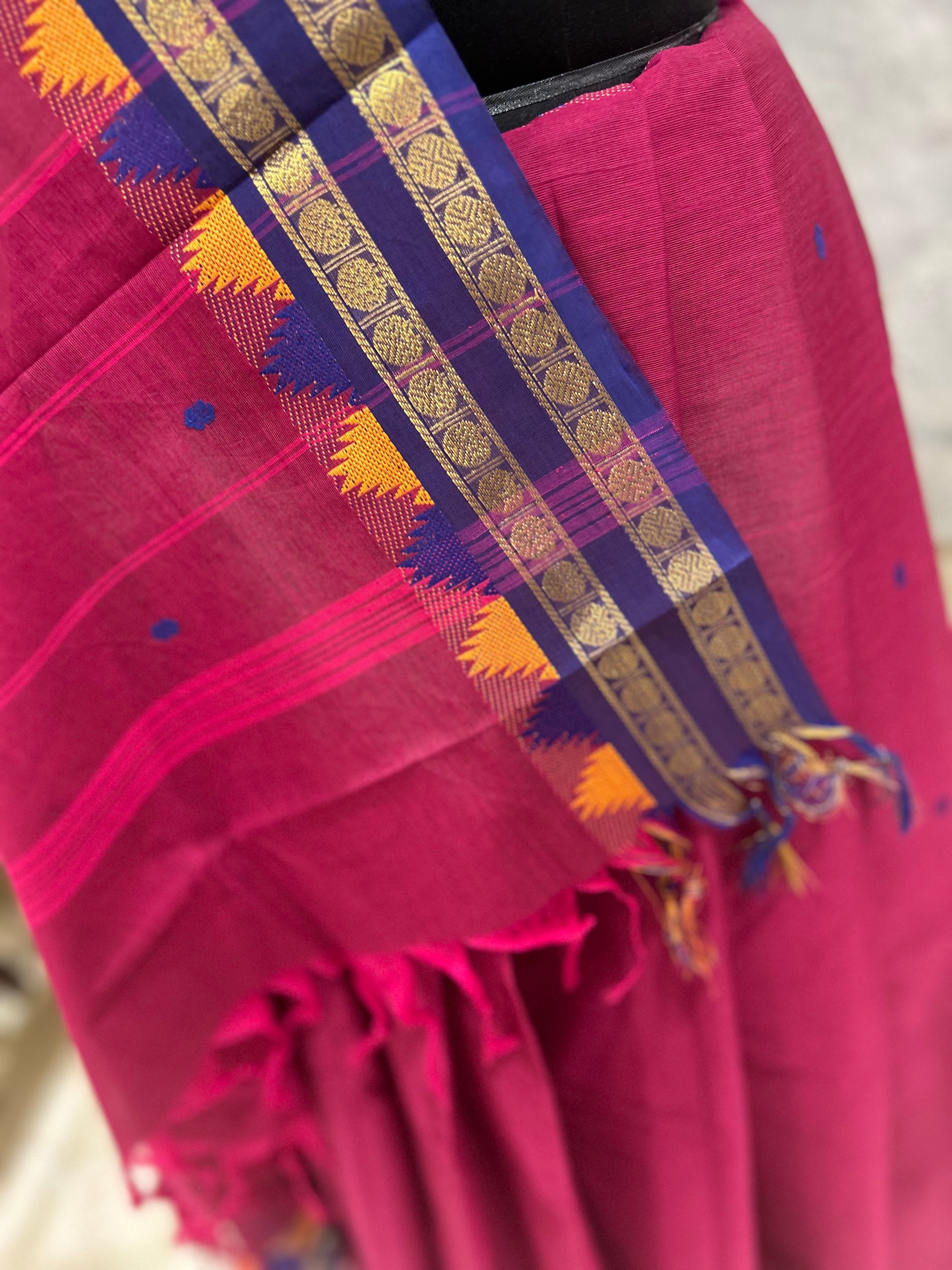 Pink Cotton Saree with Temple Border