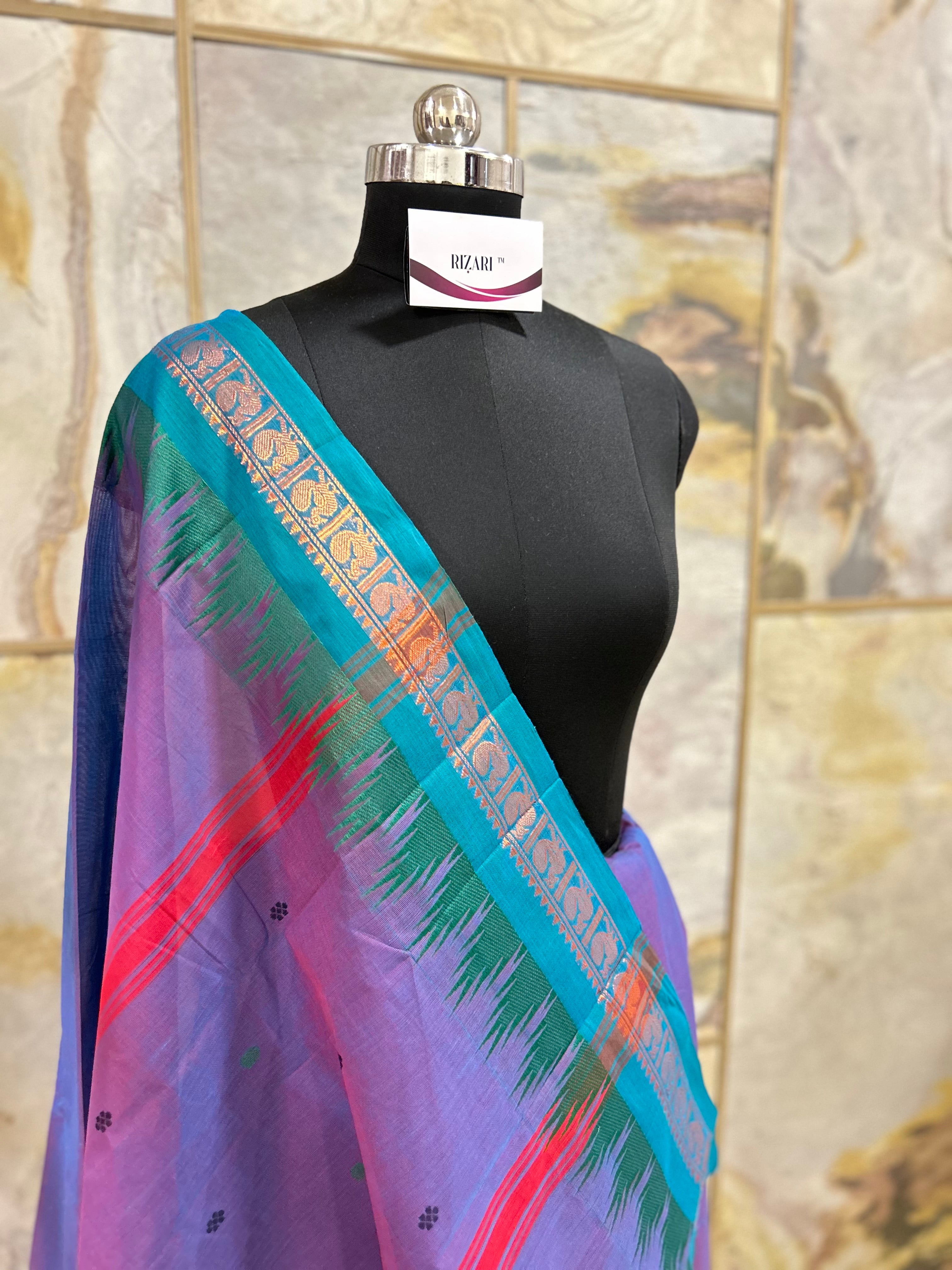 Deep Lilac Cotton Saree with Traditional Temple Border