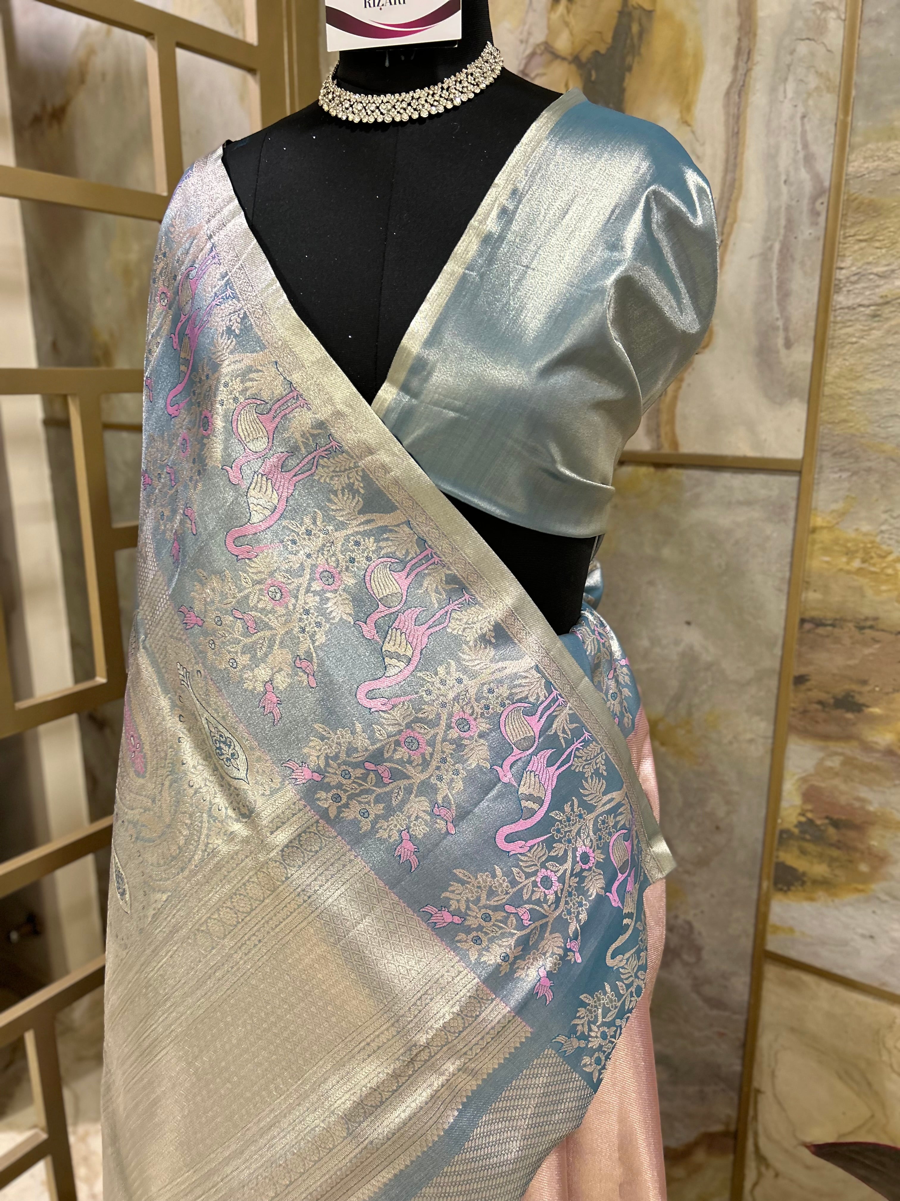 Silk Saree with Unique Birds Motifs in Pastel shades