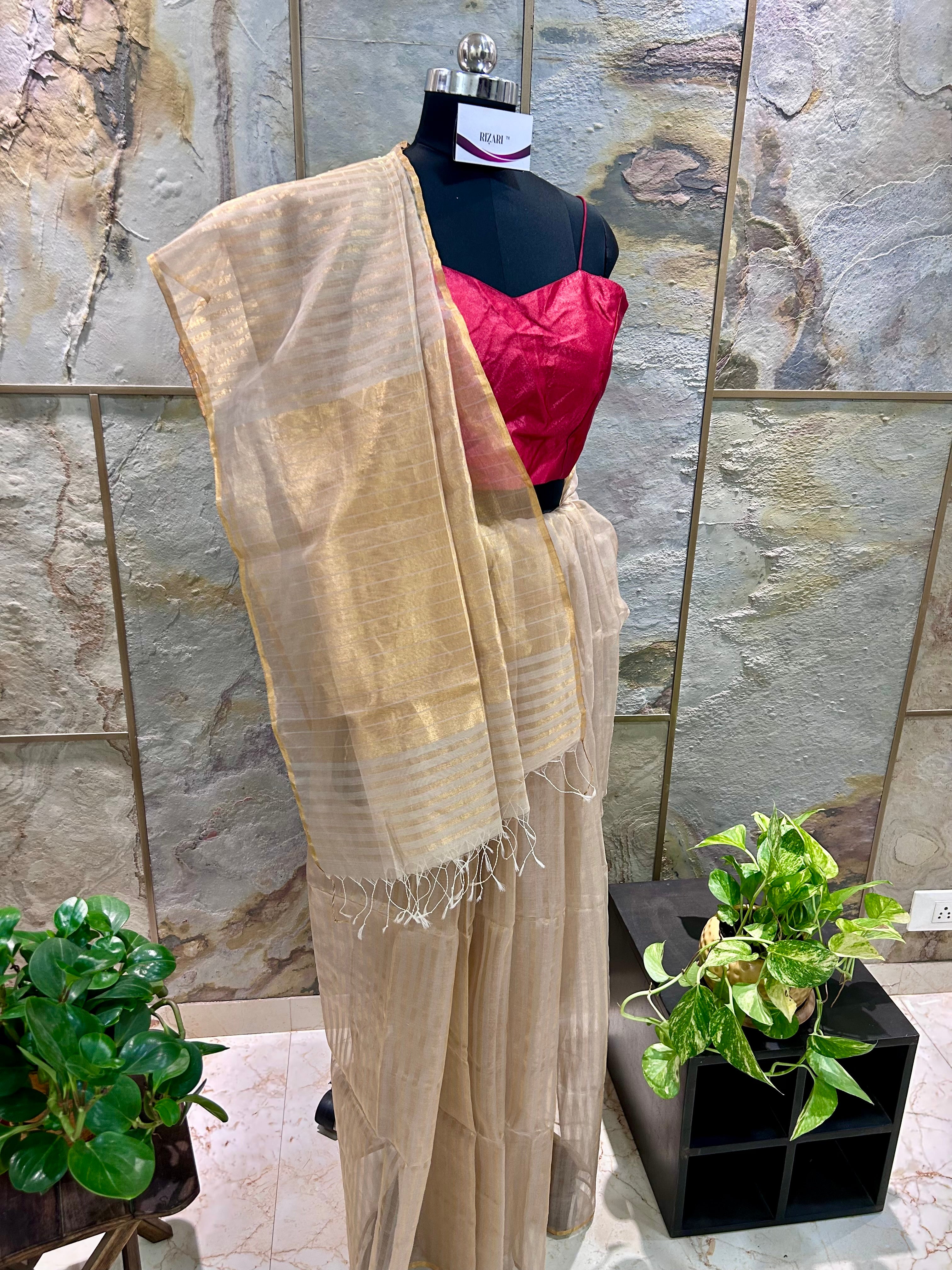 Jari Striped Silk Handloom Maheshwari Saree