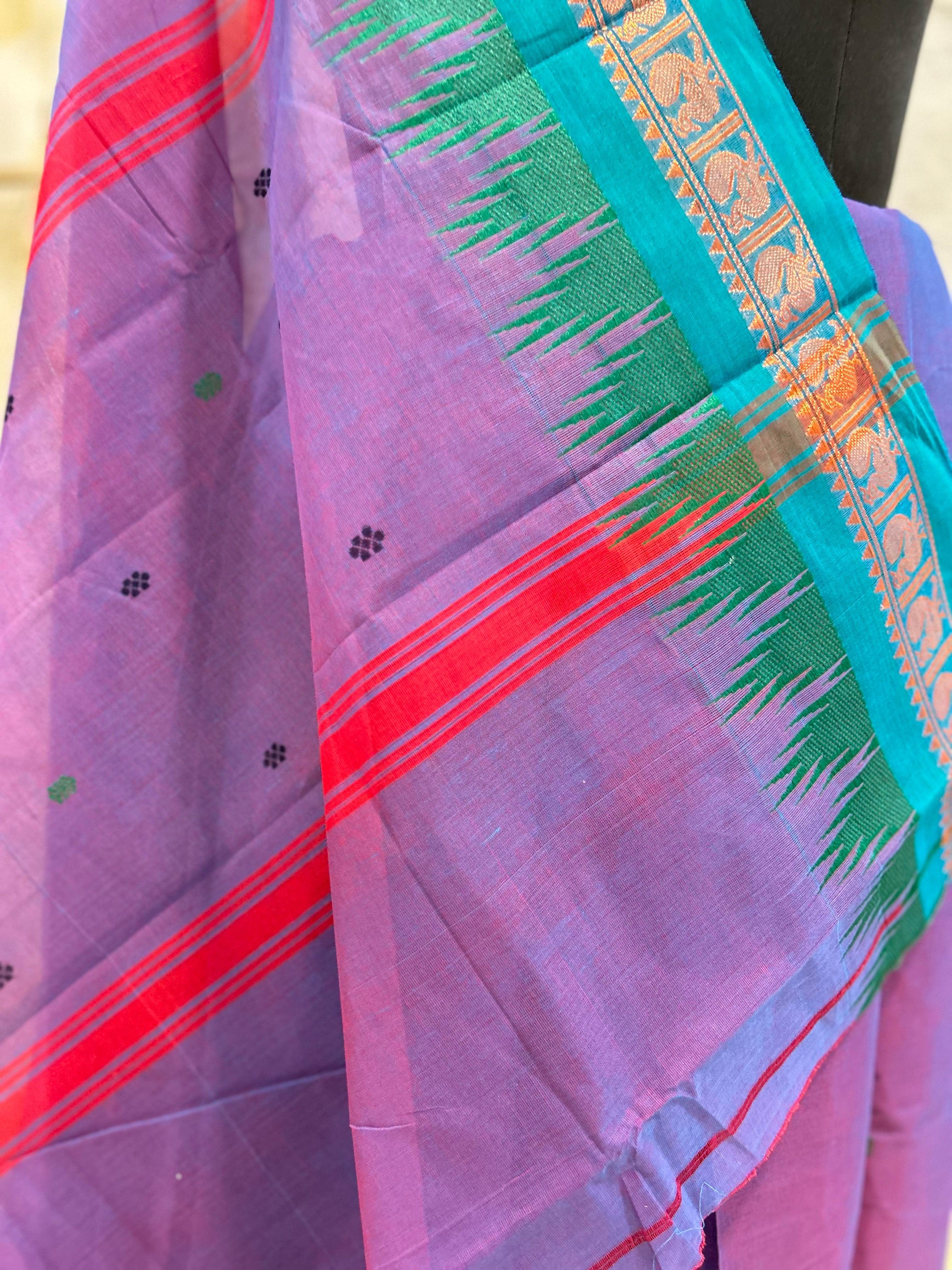 Deep Lilac Cotton Saree with Traditional Temple Border