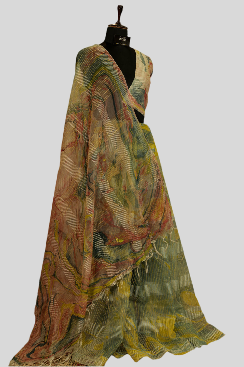 Marble printed pastel blue & pastel yellow  organza textured saree