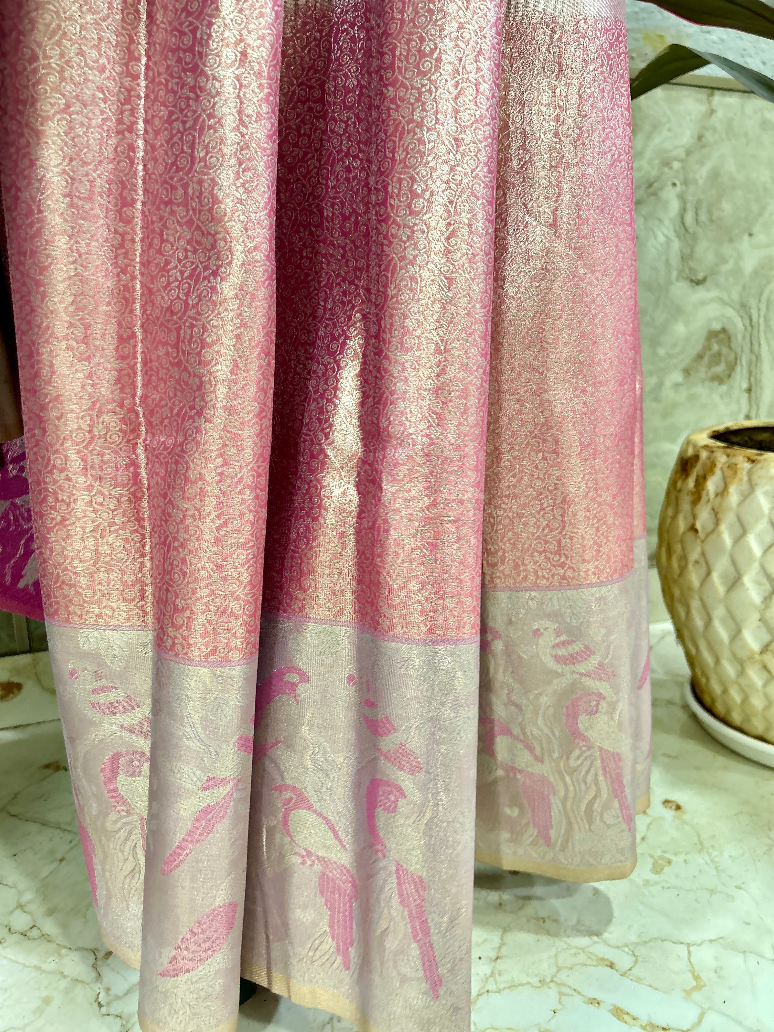 Pink Silk Saree with Birds Motifs