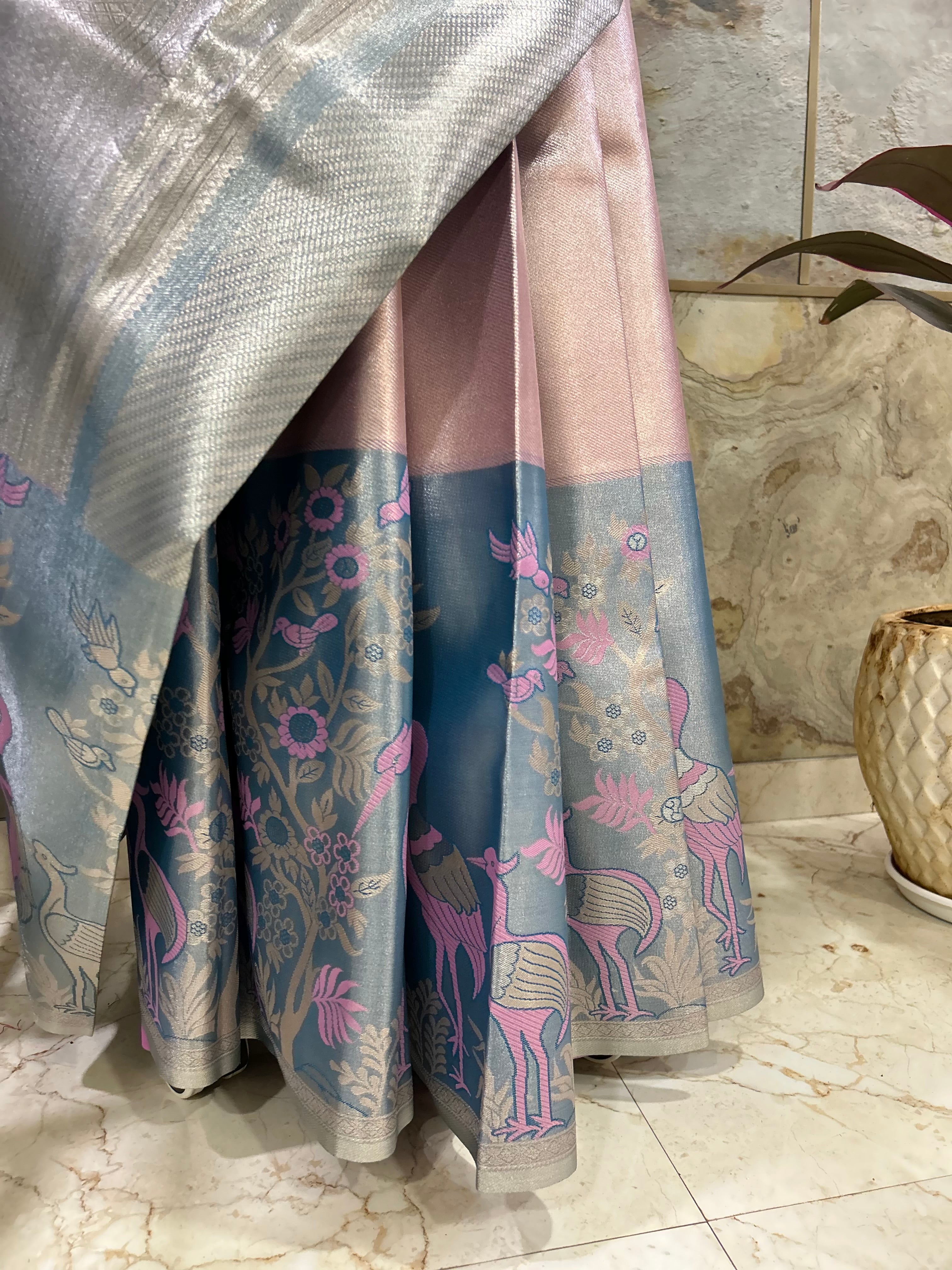 Silk Saree with Unique Birds Motifs in Pastel shades