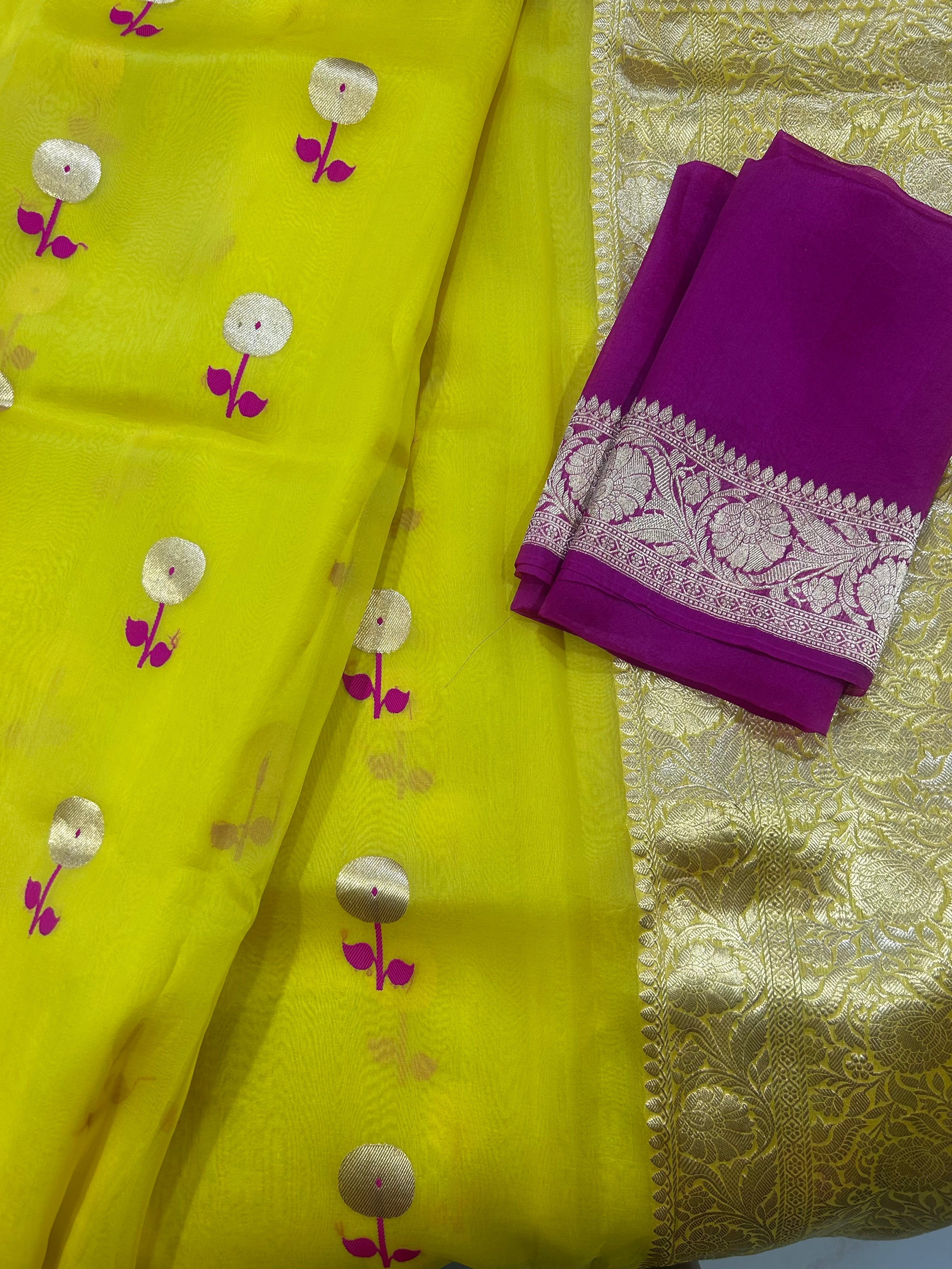 Lemon Yellow Kora Handloom Saree