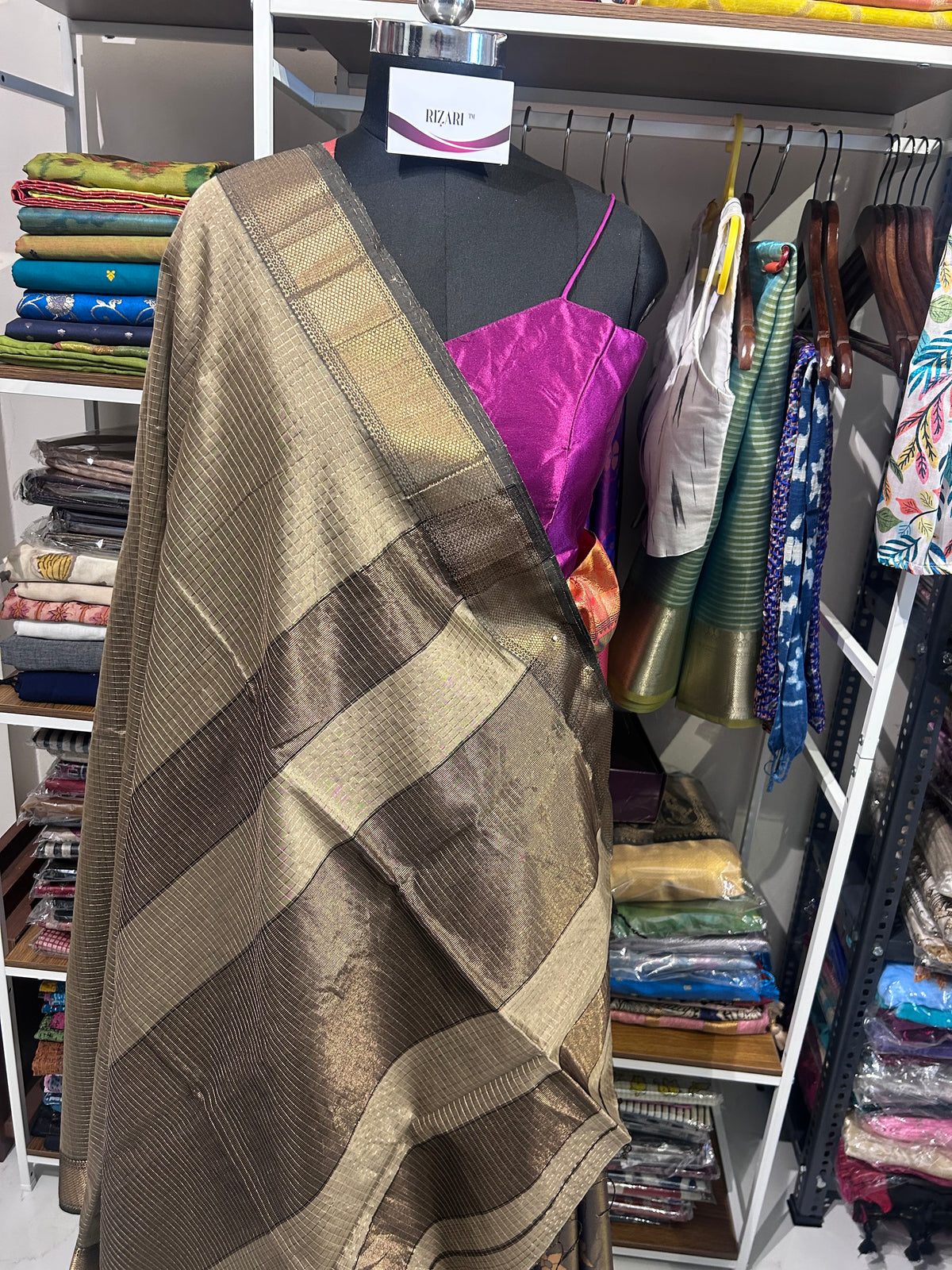 Beige Maheshwari Silk Gold Checkered Saree