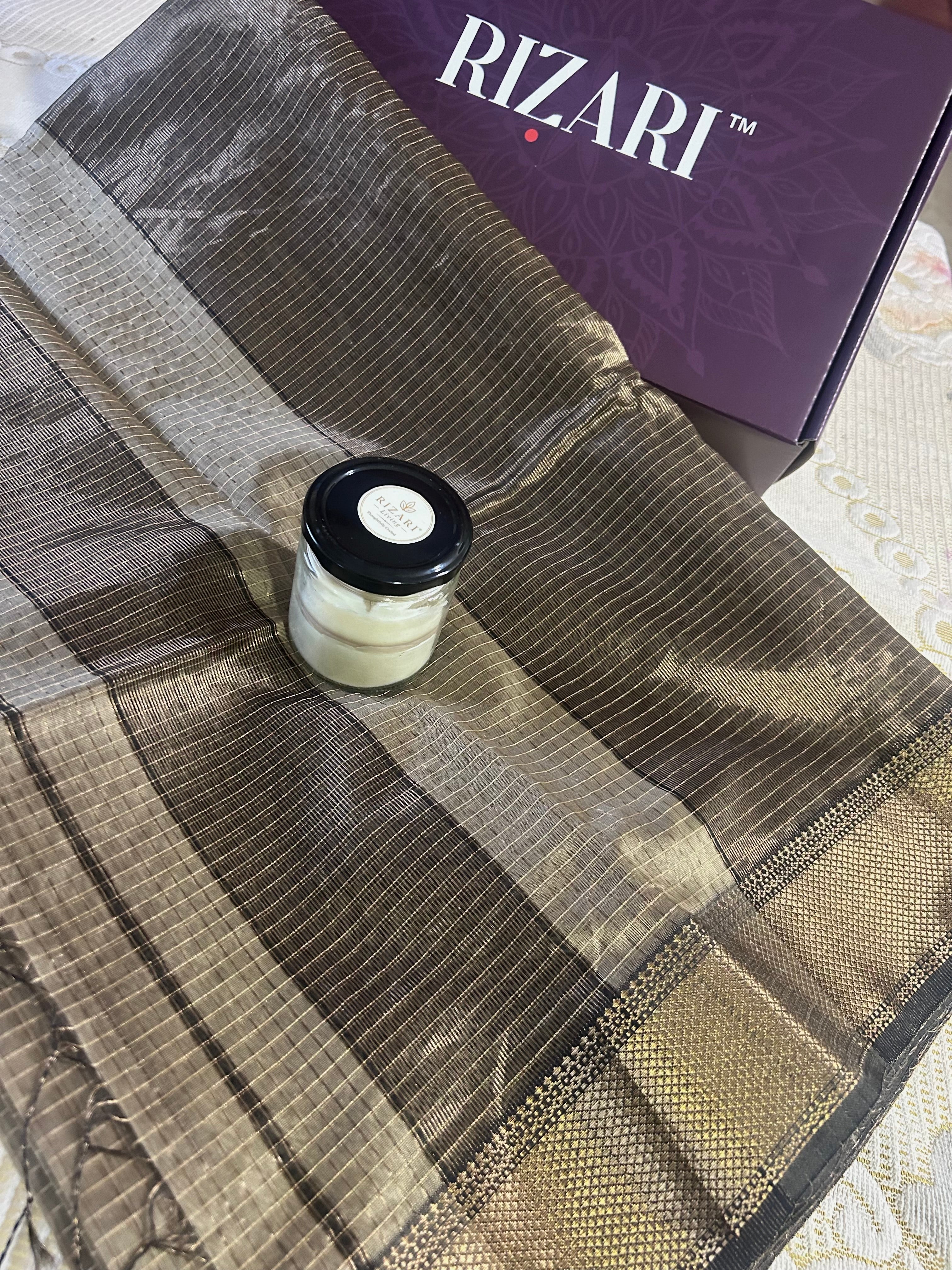 Beige Maheshwari Silk Gold Checkered Saree