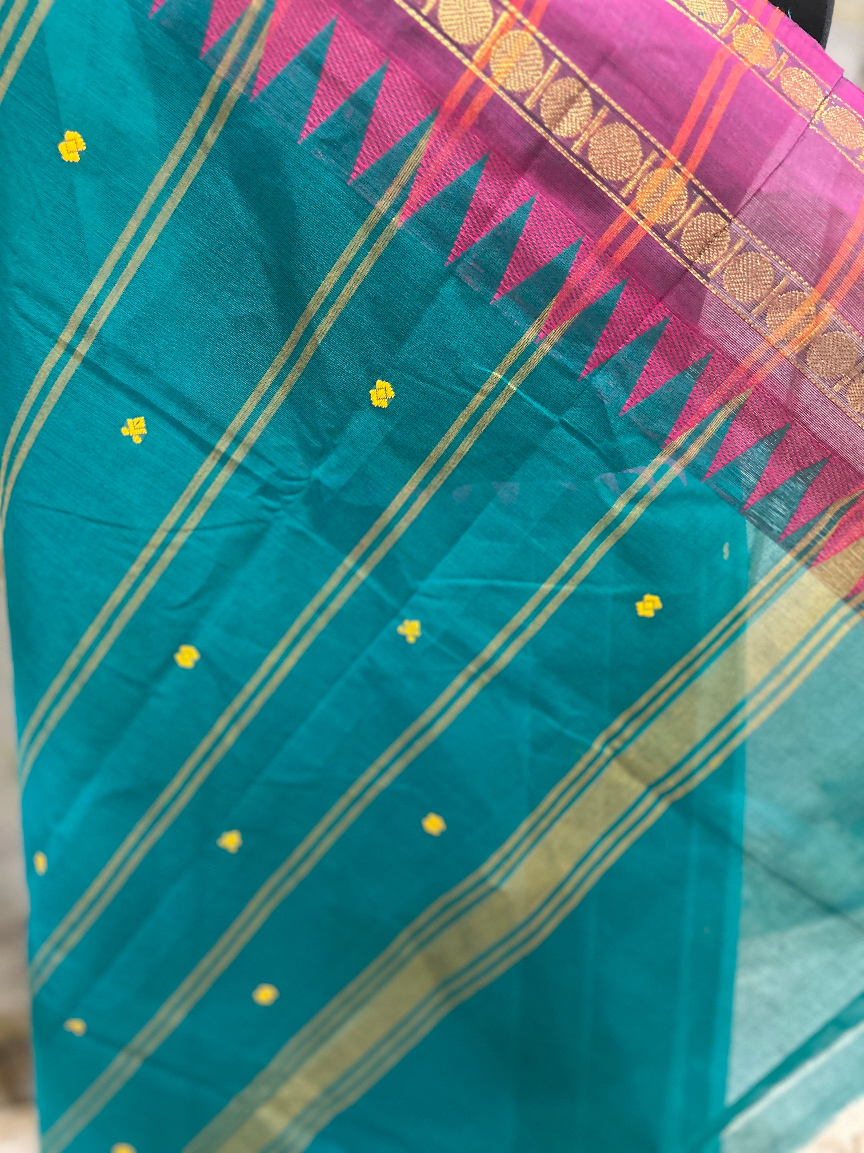 Sea Green Cotton Saree with Temple Border