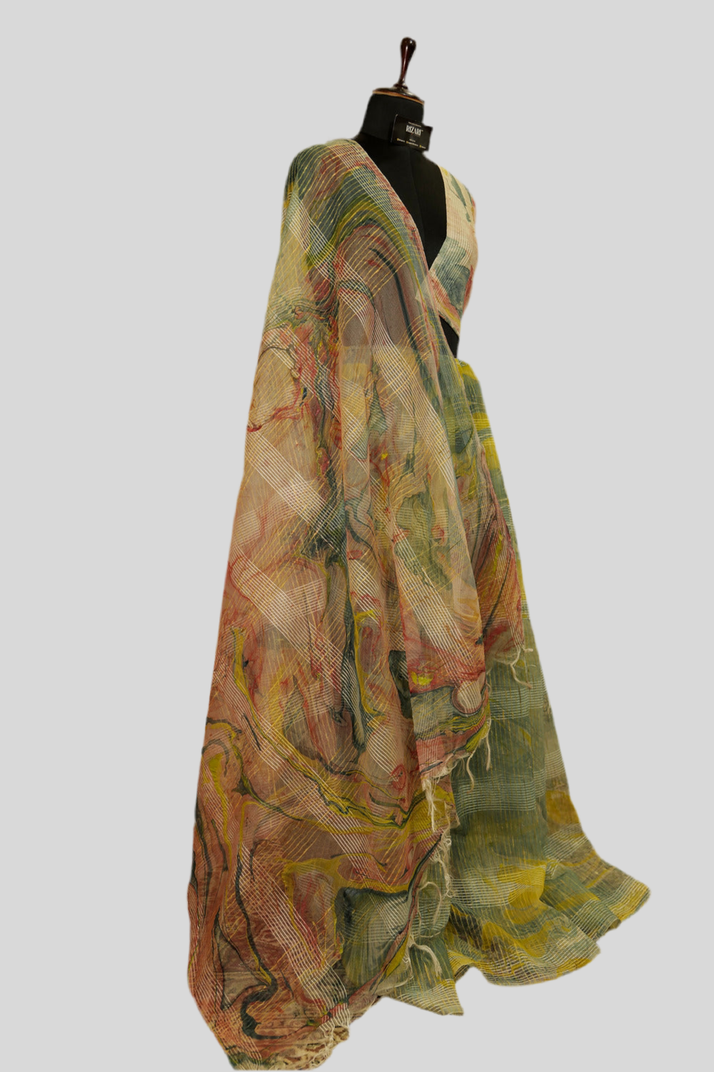 Marble printed pastel blue & pastel yellow  organza textured saree