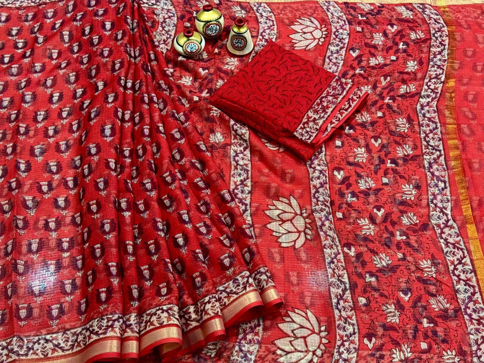 Kota Doria Block Printed Sarees