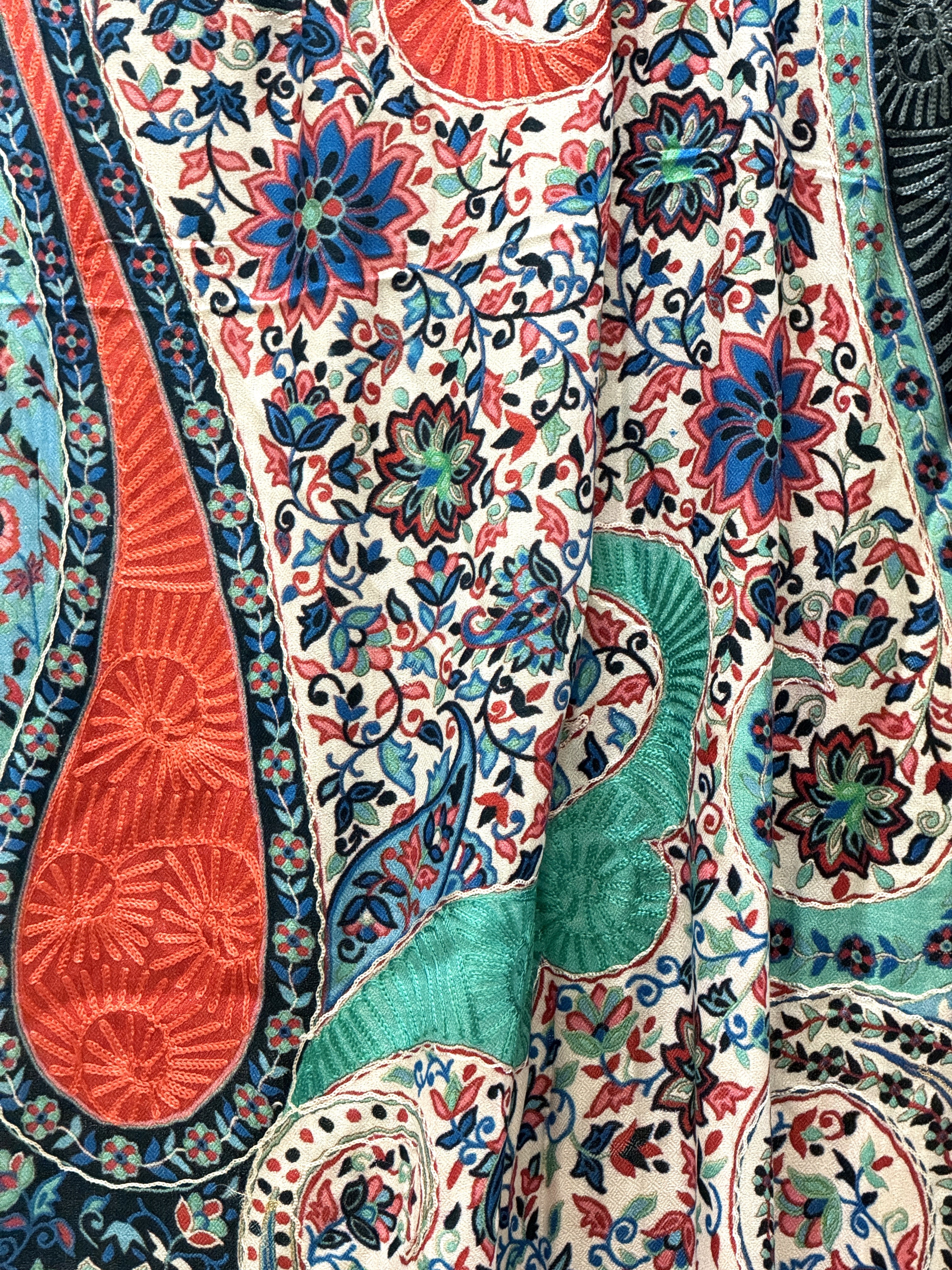 Kashmir Treasures Silk Kalamkari Print with Embroidery Stole; Pastel  Blue-Black Design