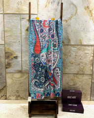 Kashmir Treasures Silk Kalamkari Print with Embroidery Stole; Pastel  Blue-Black Design