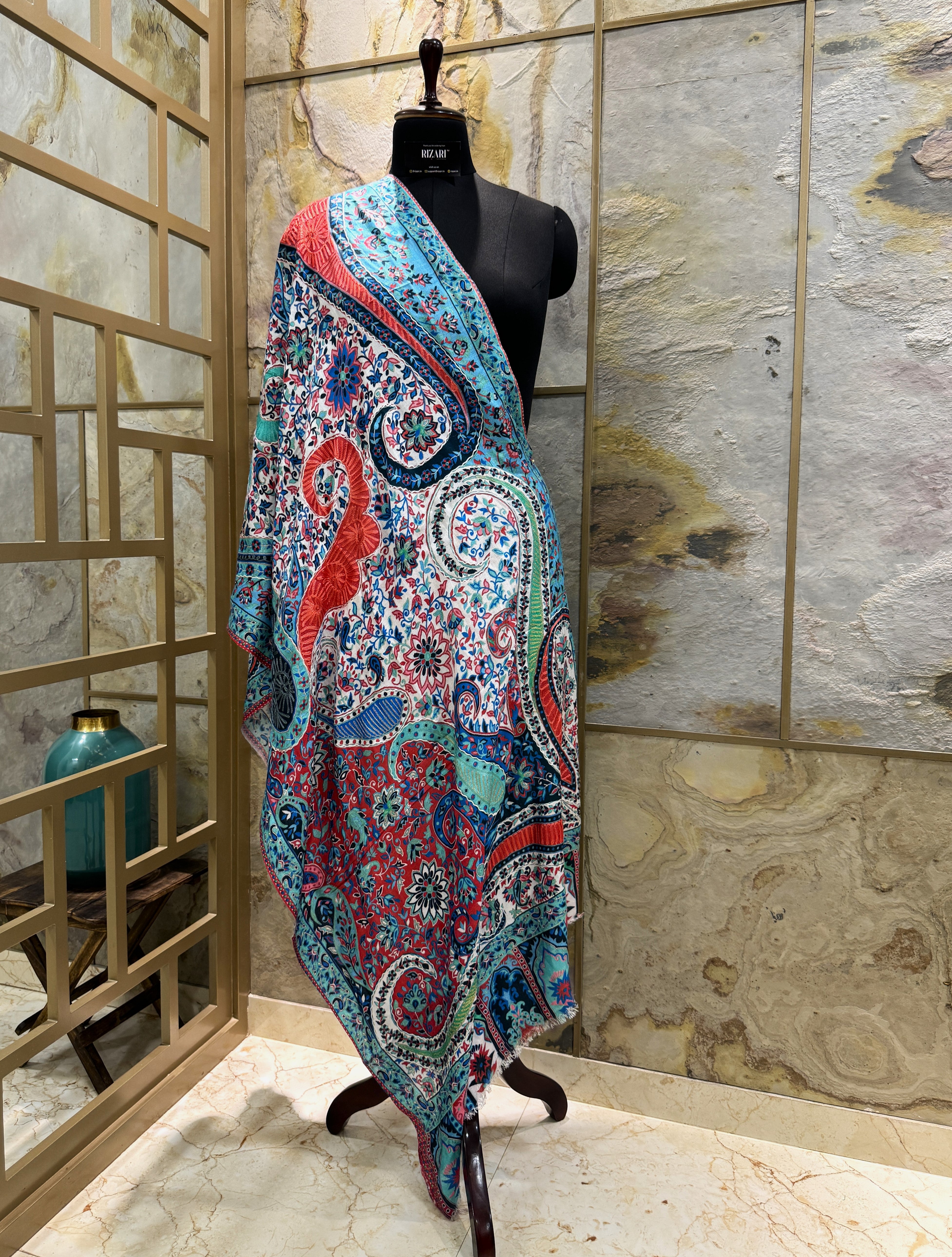 Kashmir Treasures Silk Kalamkari Print with Embroidery Stole; Pastel  Blue-Black Design