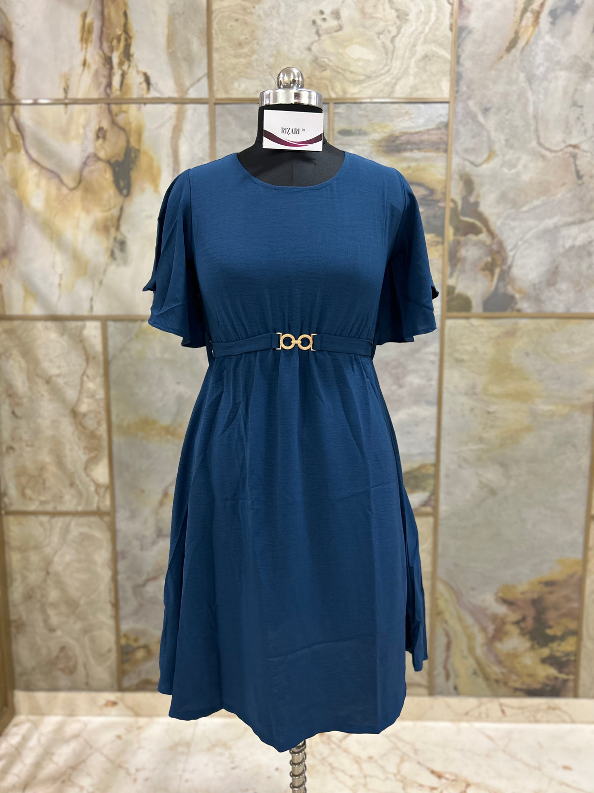 Fit and Flare Dress with Flutter Sleeves - Plain