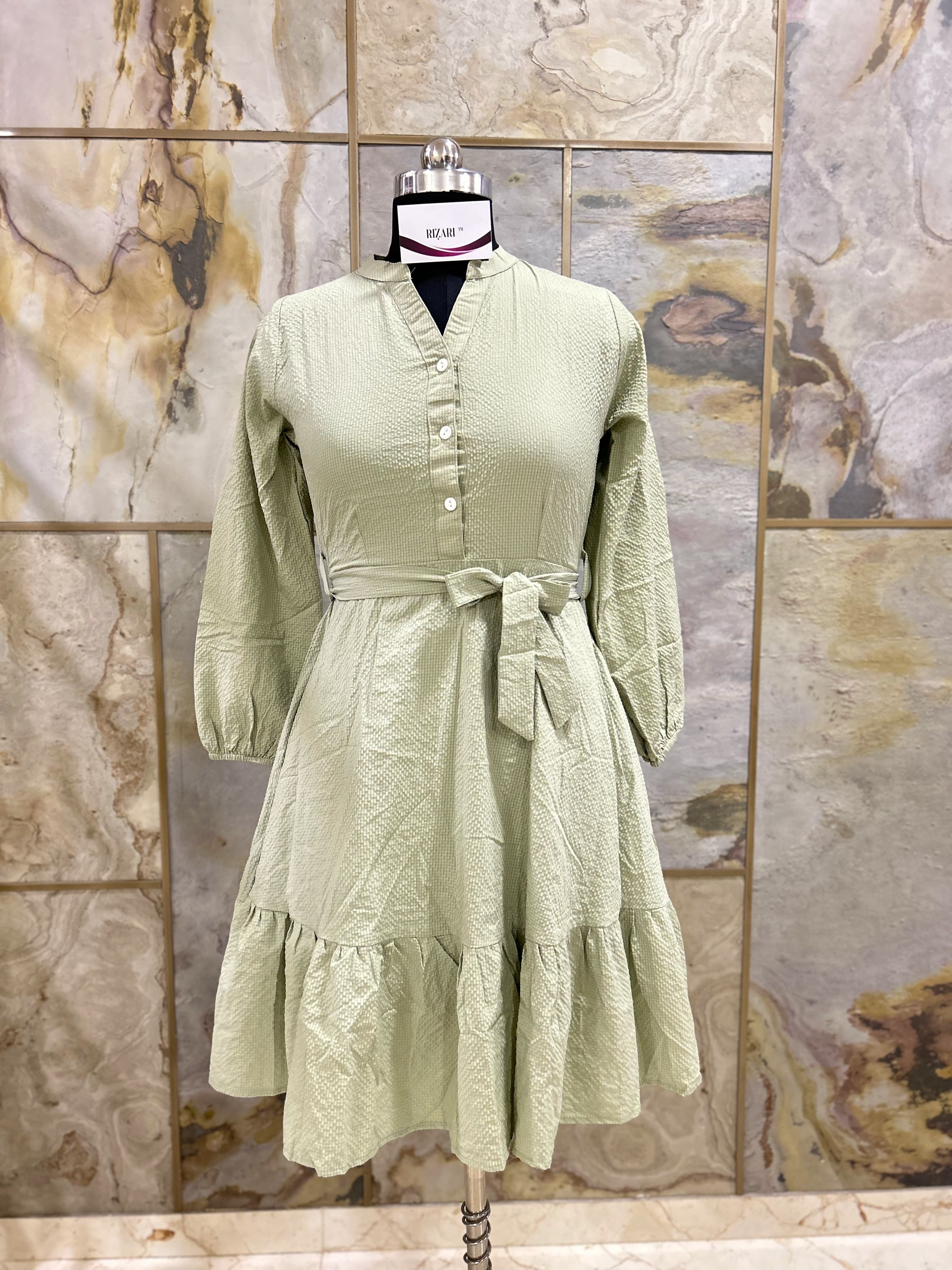 Mandarin Collar Fit and Flare Dress with Cuff Sleeves