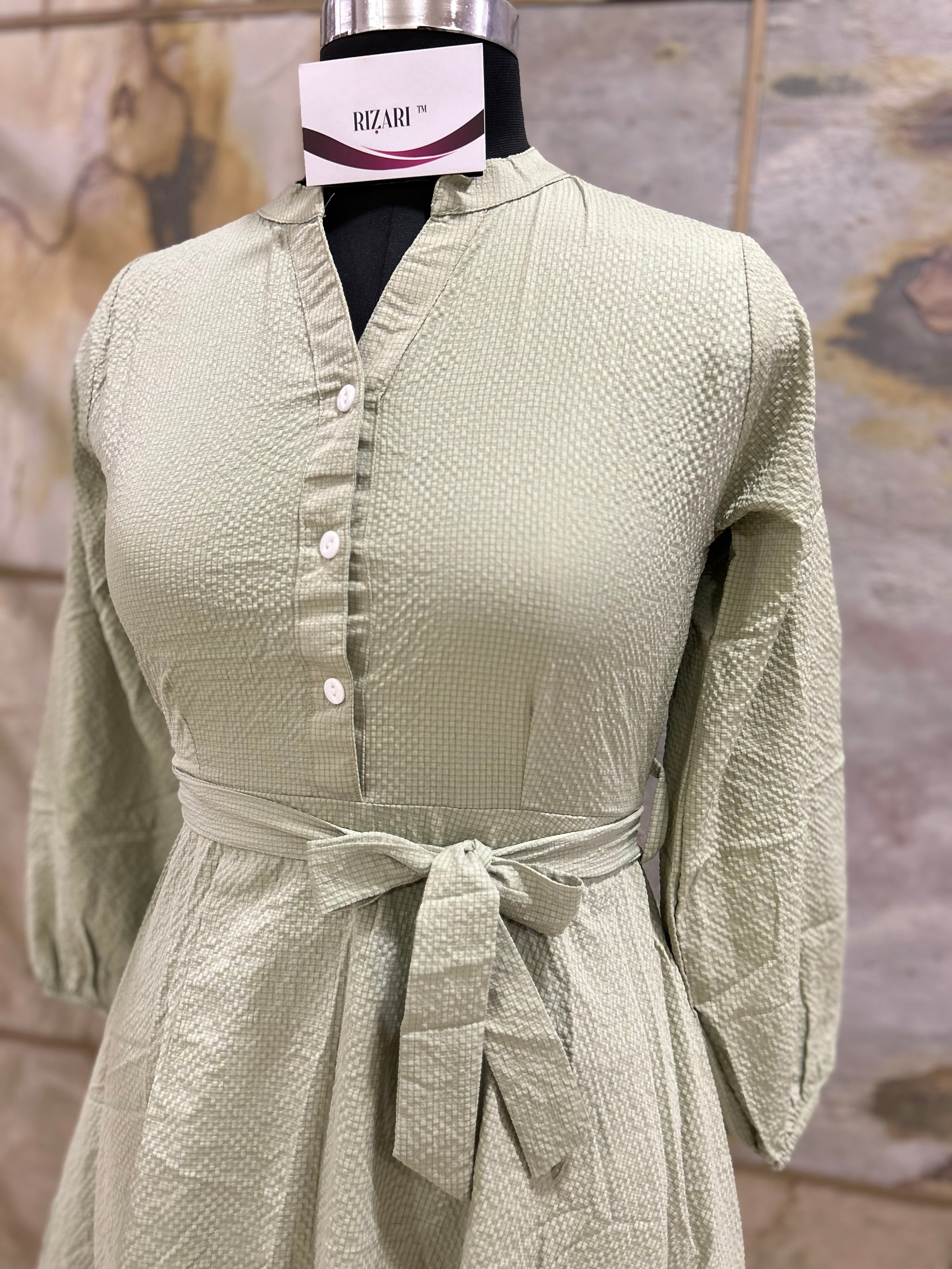Mandarin Collar Fit and Flare Dress with Cuff Sleeves