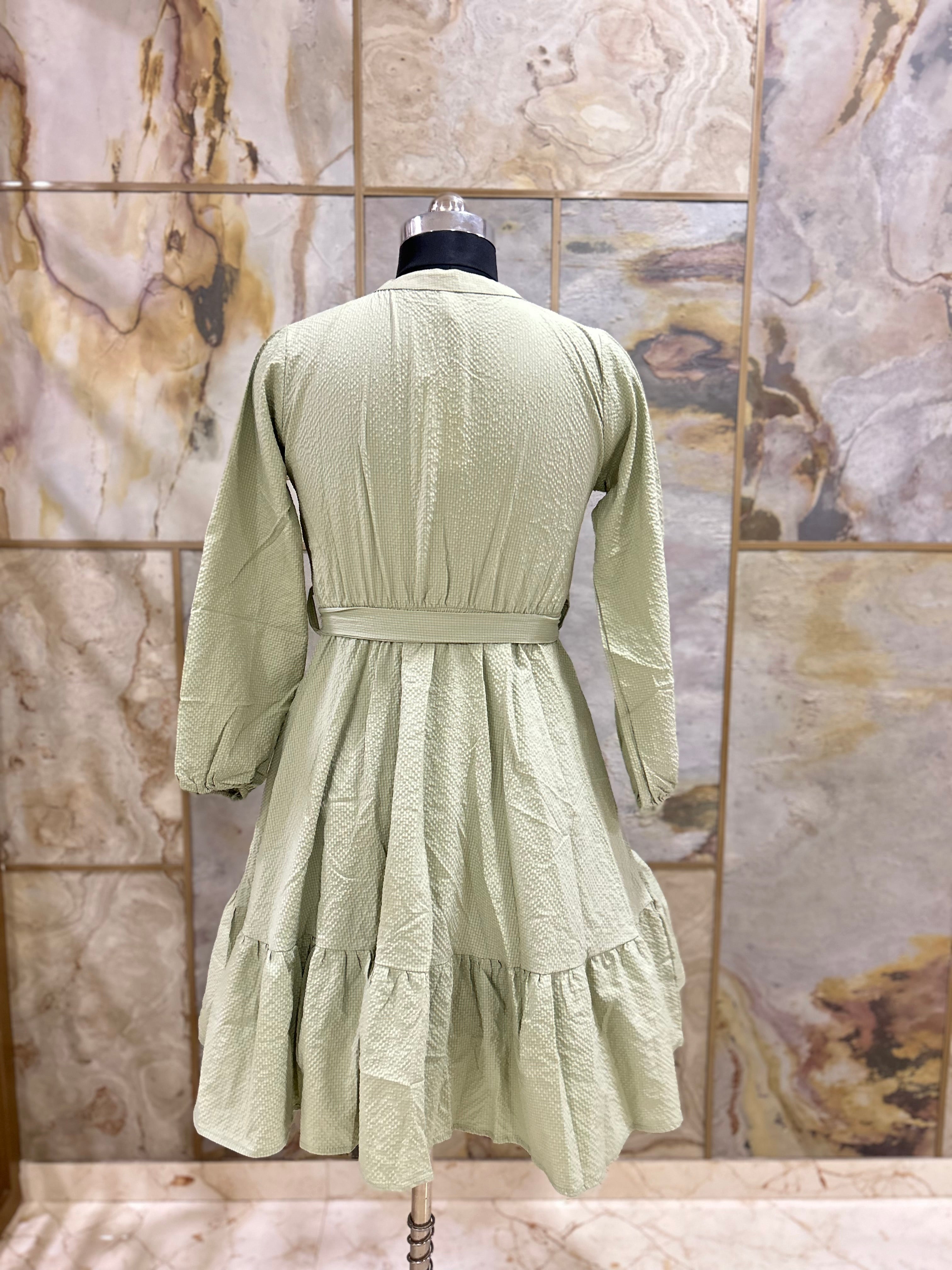 Mandarin Collar Fit and Flare Dress with Cuff Sleeves