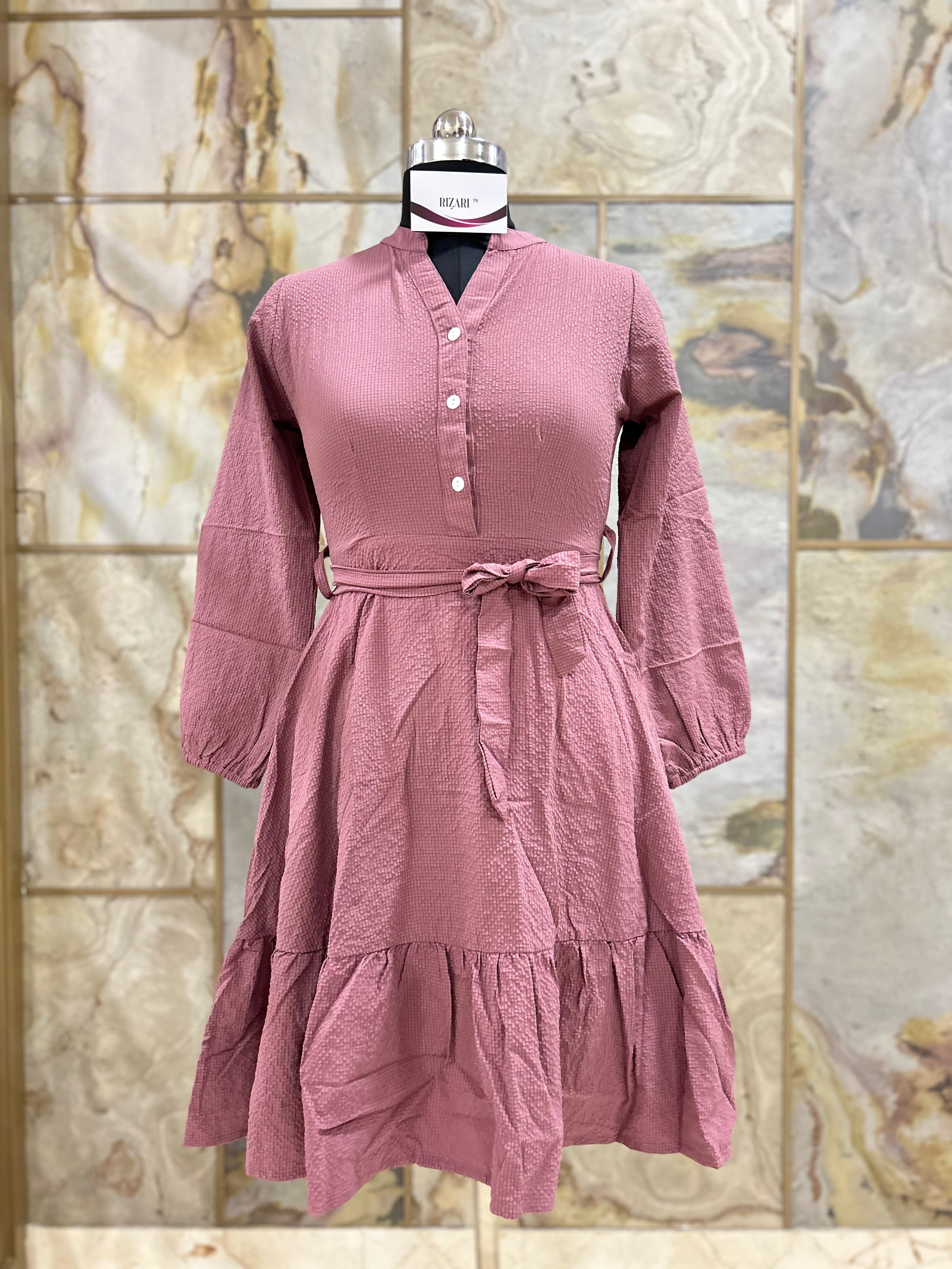Mandarin Collar Fit and Flare Dress with Cuff Sleeves