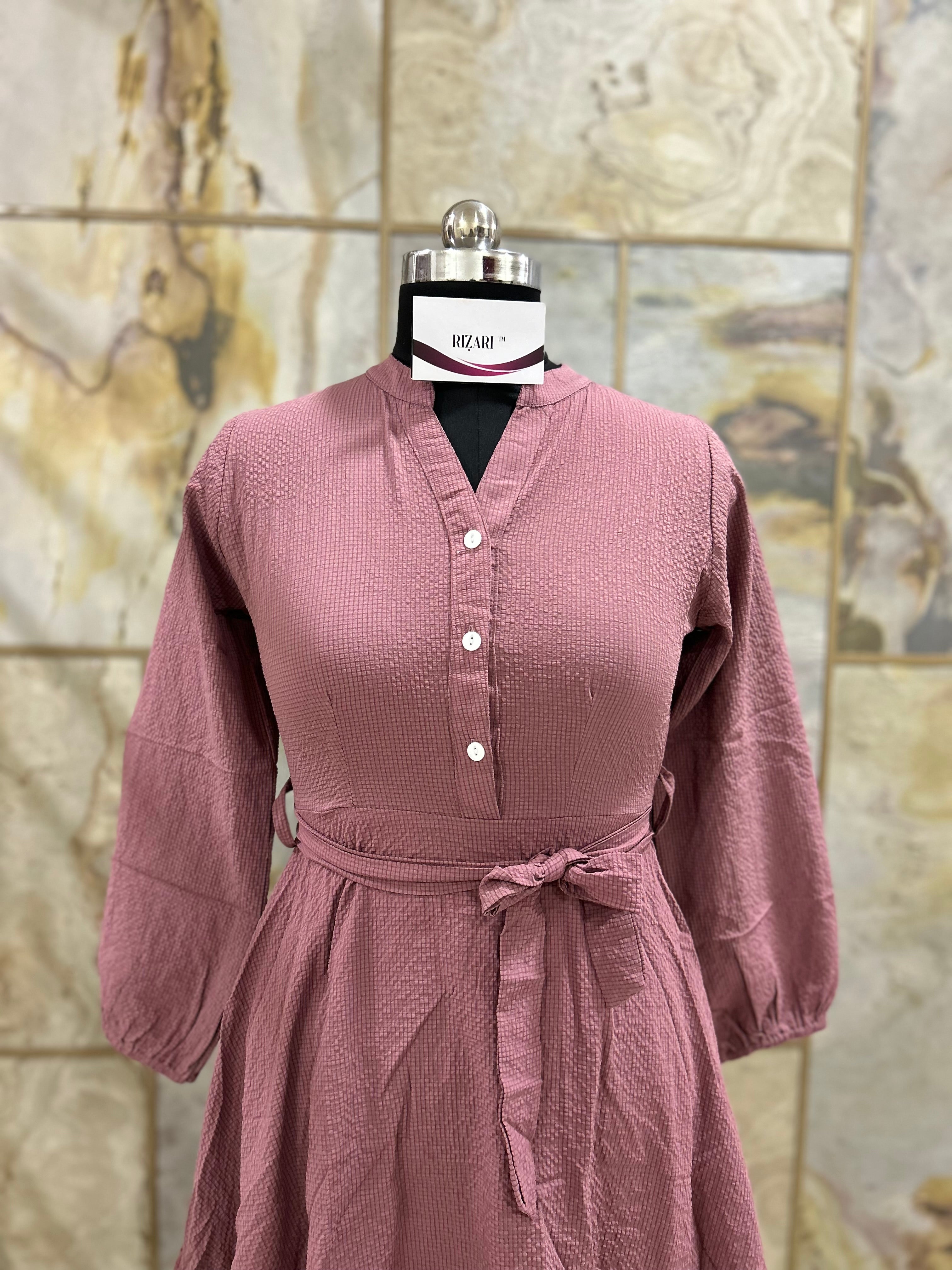 Mandarin Collar Fit and Flare Dress with Cuff Sleeves