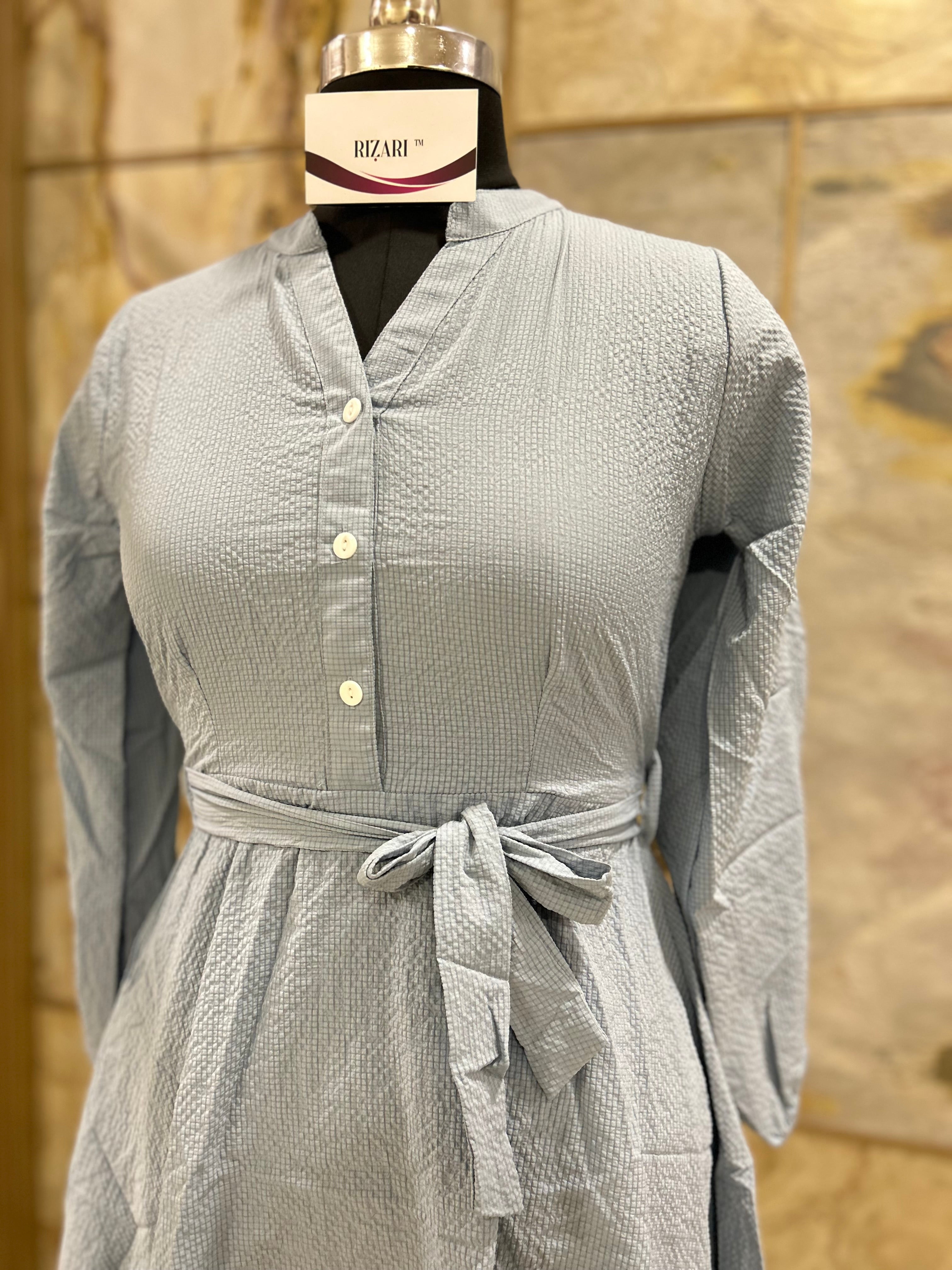 Mandarin Collar Fit and Flare Dress with Cuff Sleeves
