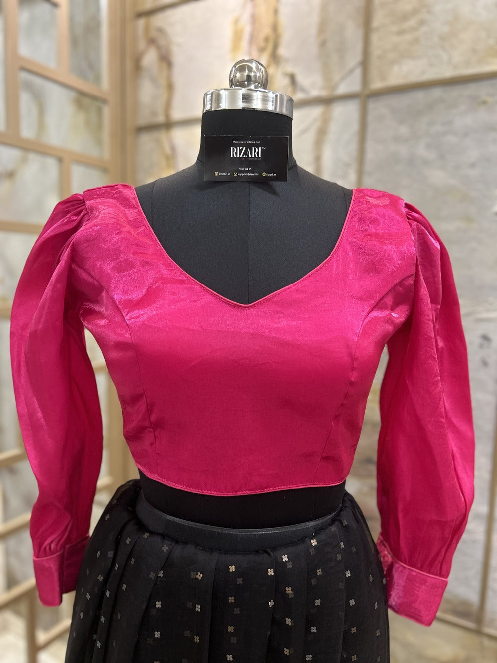 Dark Pink Organza full sleeves Crop Top cum Blouse