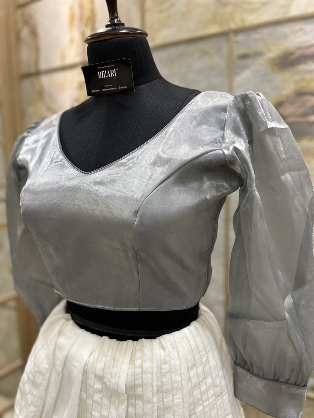 Grey Organza full sleeves Crop Top cum Blouse