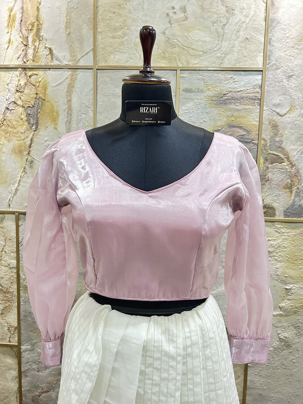 Onion Pink Organza full sleeves Crop Top cum Blouse