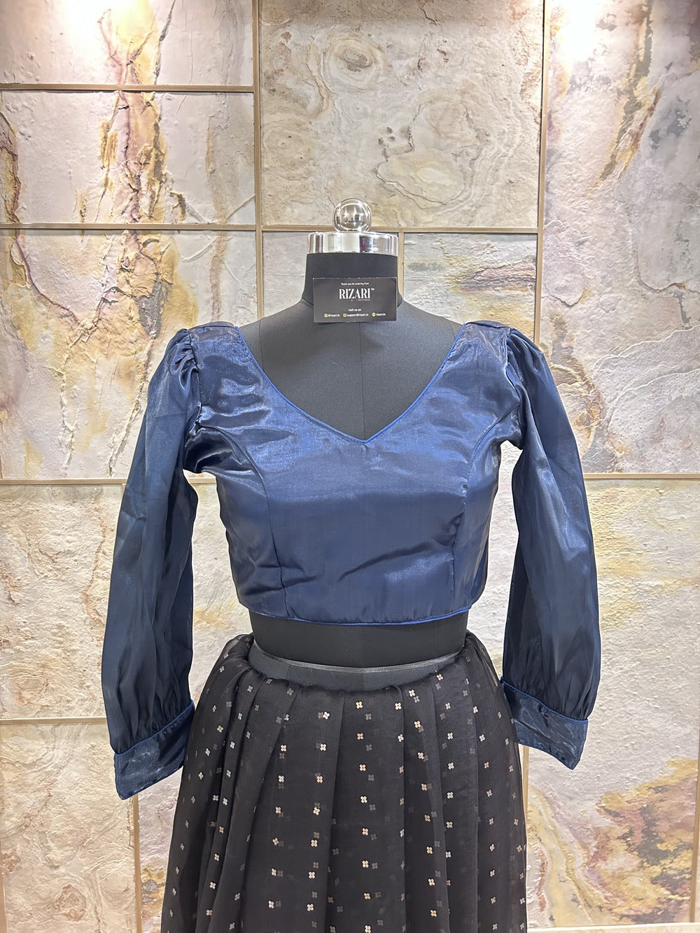 Navy Blue Organza full sleeves Crop Top cum Blouse