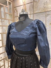 Navy Blue Organza full sleeves Crop Top cum Blouse