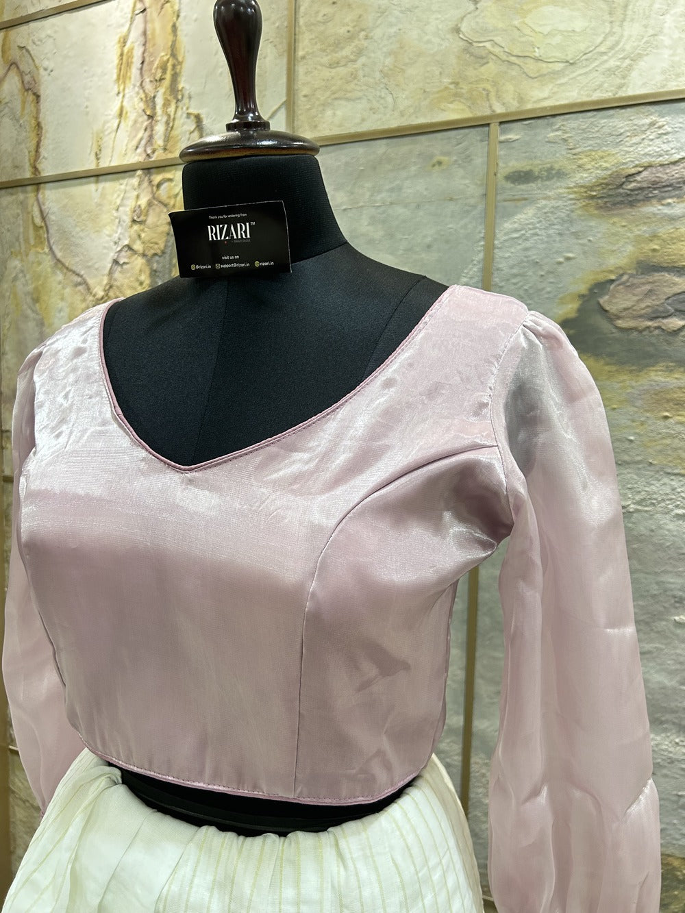 Onion Pink Organza full sleeves Crop Top cum Blouse