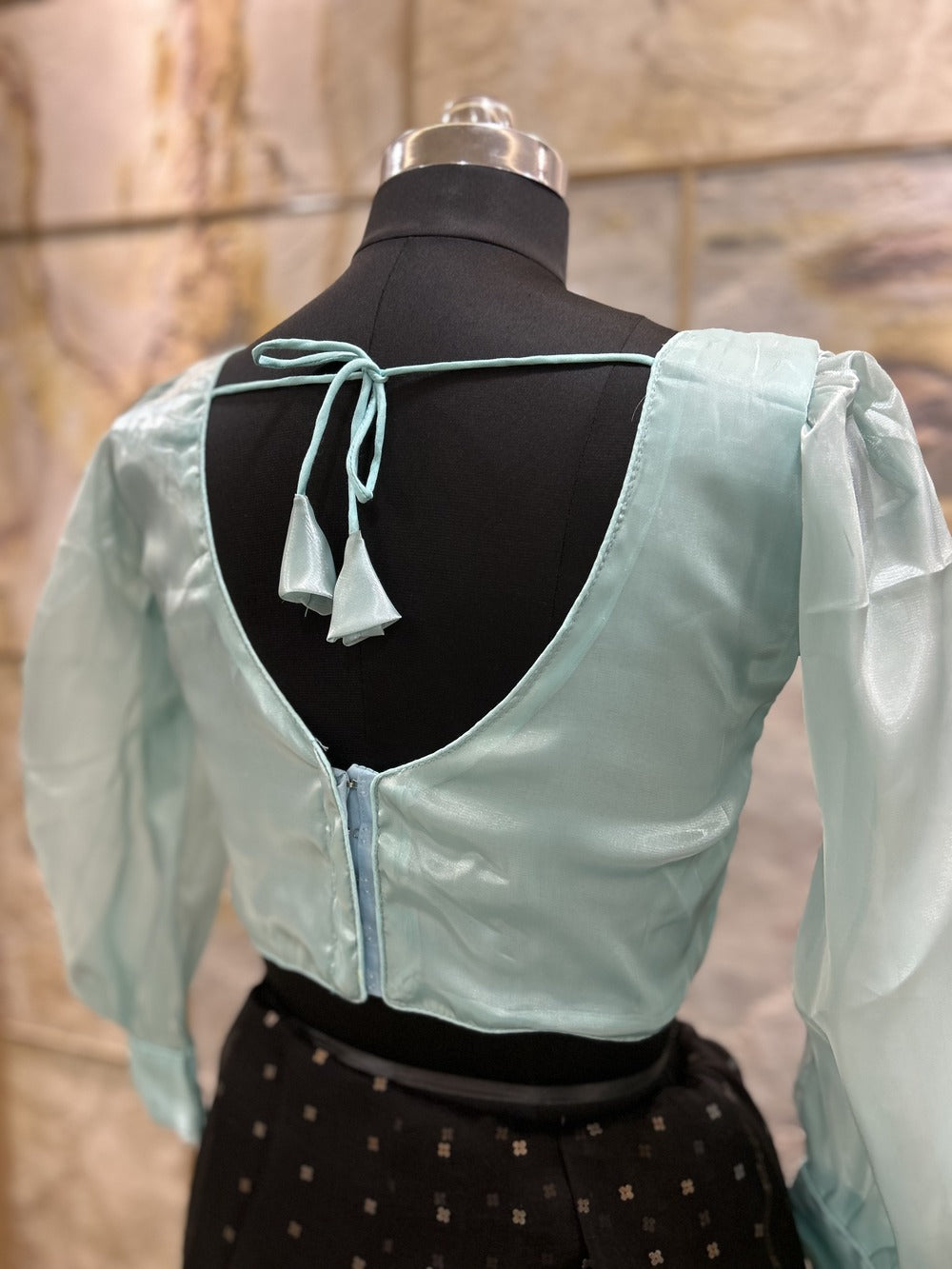 Aqua Green Organza full sleeves Crop Top cum Blouse