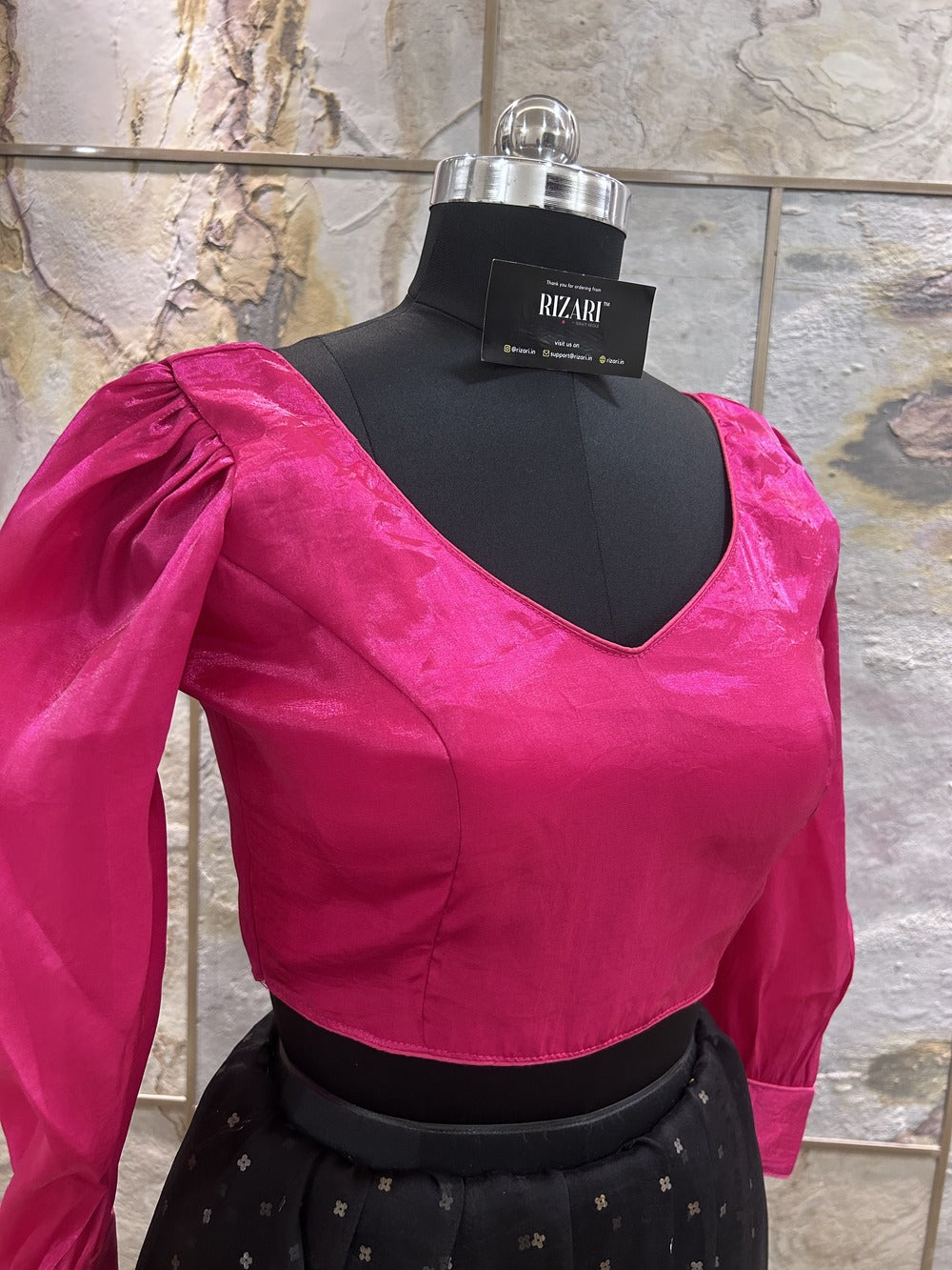 Dark Pink Organza full sleeves Crop Top cum Blouse