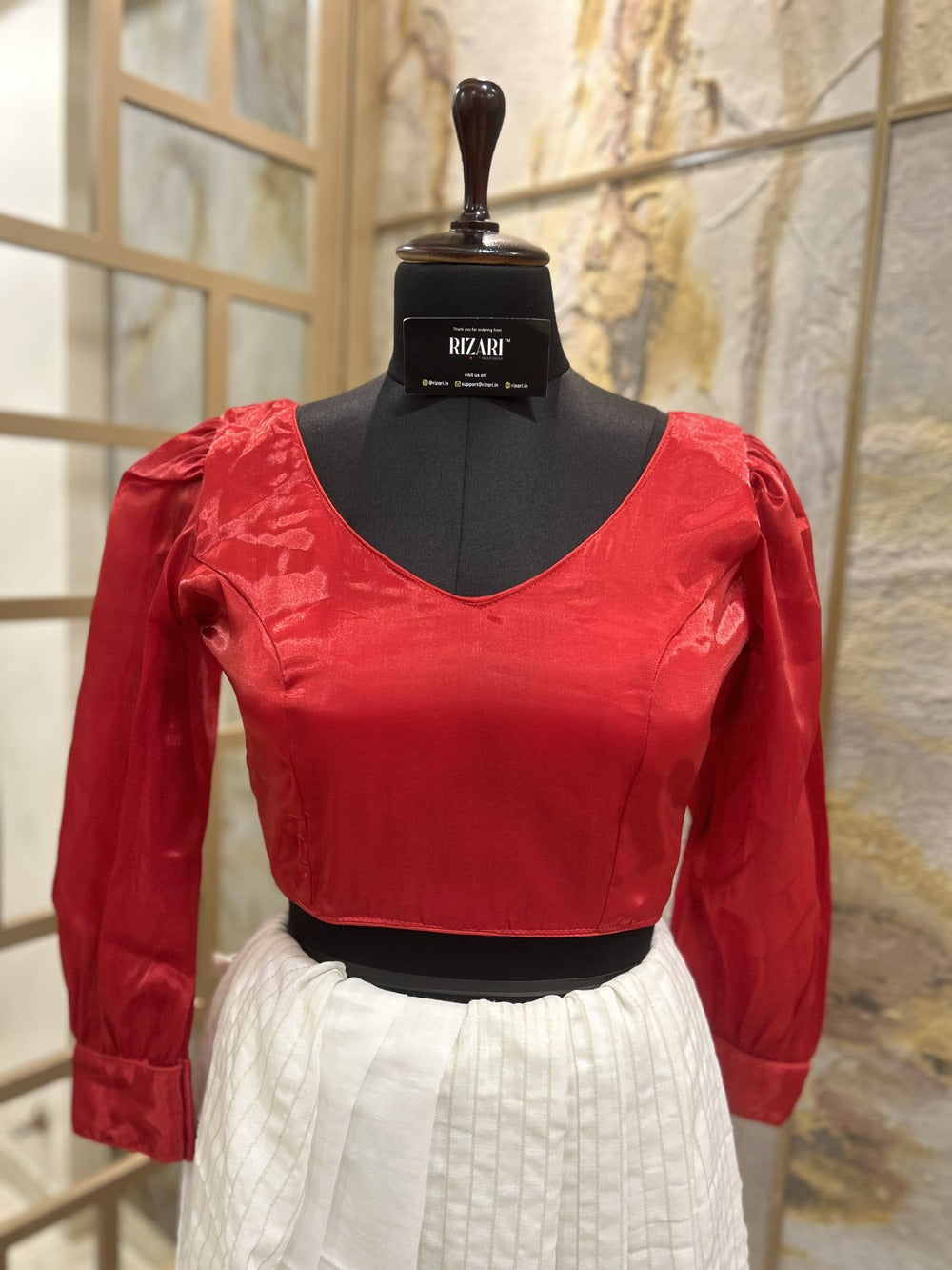 Red Organza full sleeves Crop Top cum Blouse