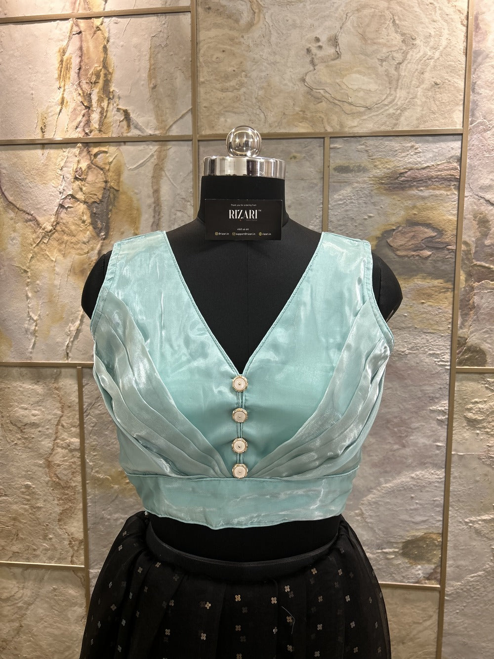 Aqua-Green Front Pleated Designer Blouse