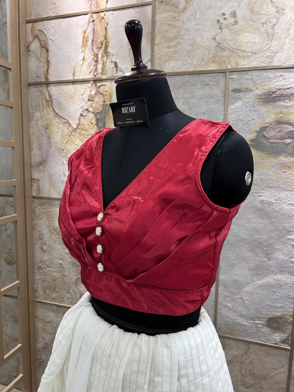 Red Front Pleated Designer Blouse